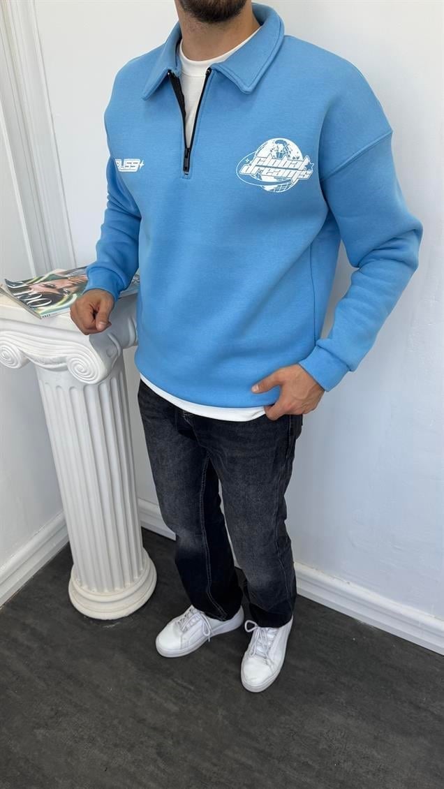 Polo Yaka Fermuarlı Şardonlu Sweatshirt B.Mavi
