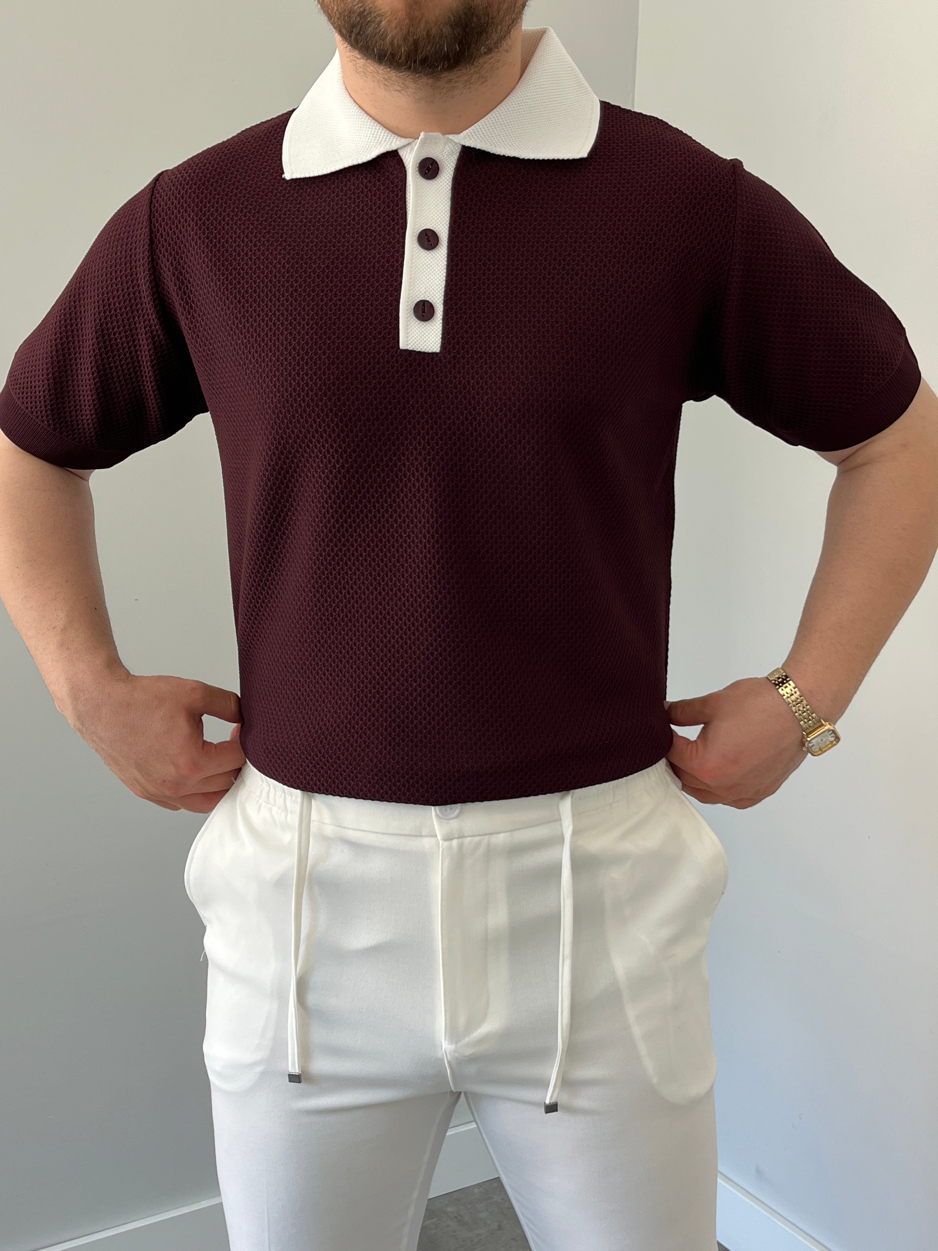 Premium Dokulu Düğme Detay Triko Tişört Bordo