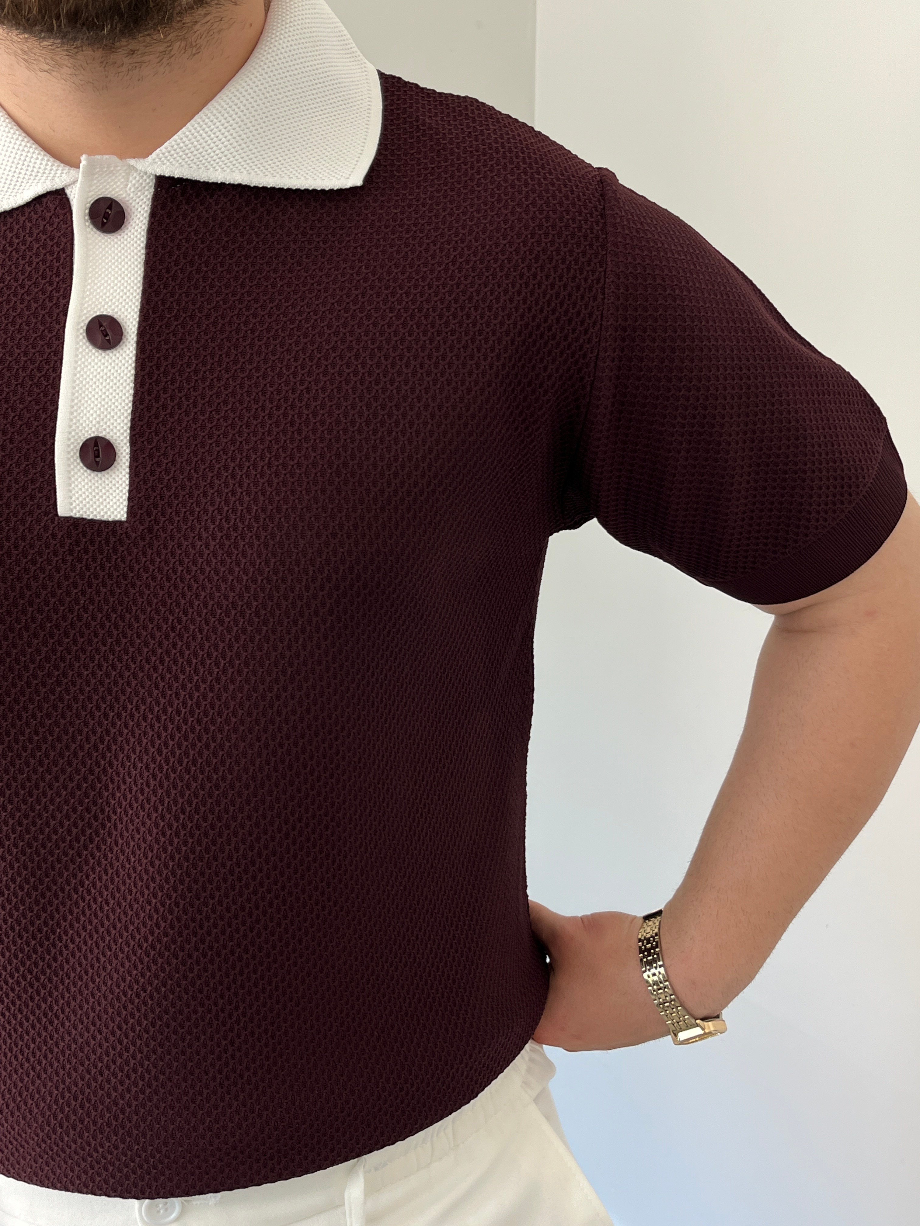 Premium Dokulu Düğme Detay Triko Tişört Bordo