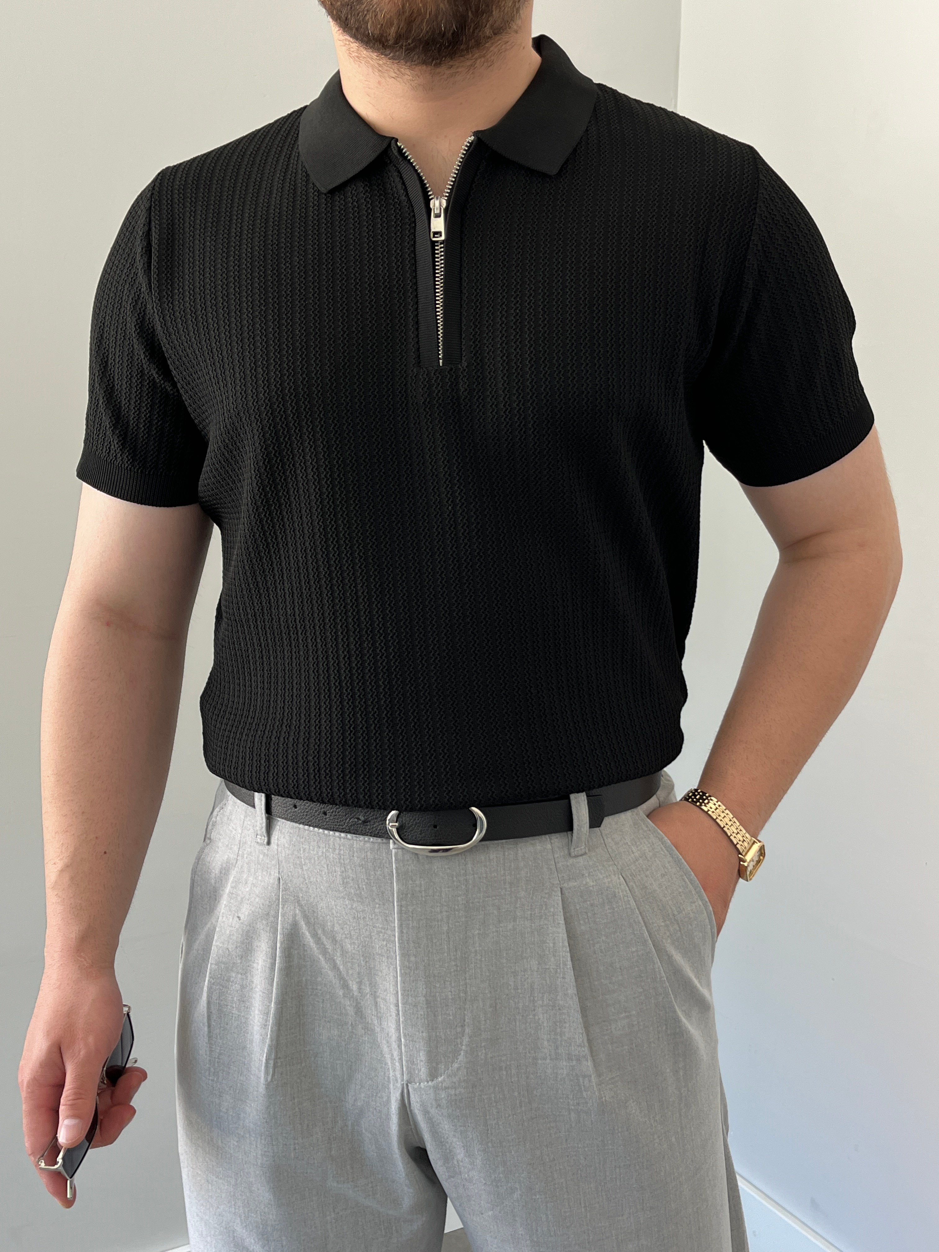 Siyah  Fermuarlı Triko Polo Tişört 