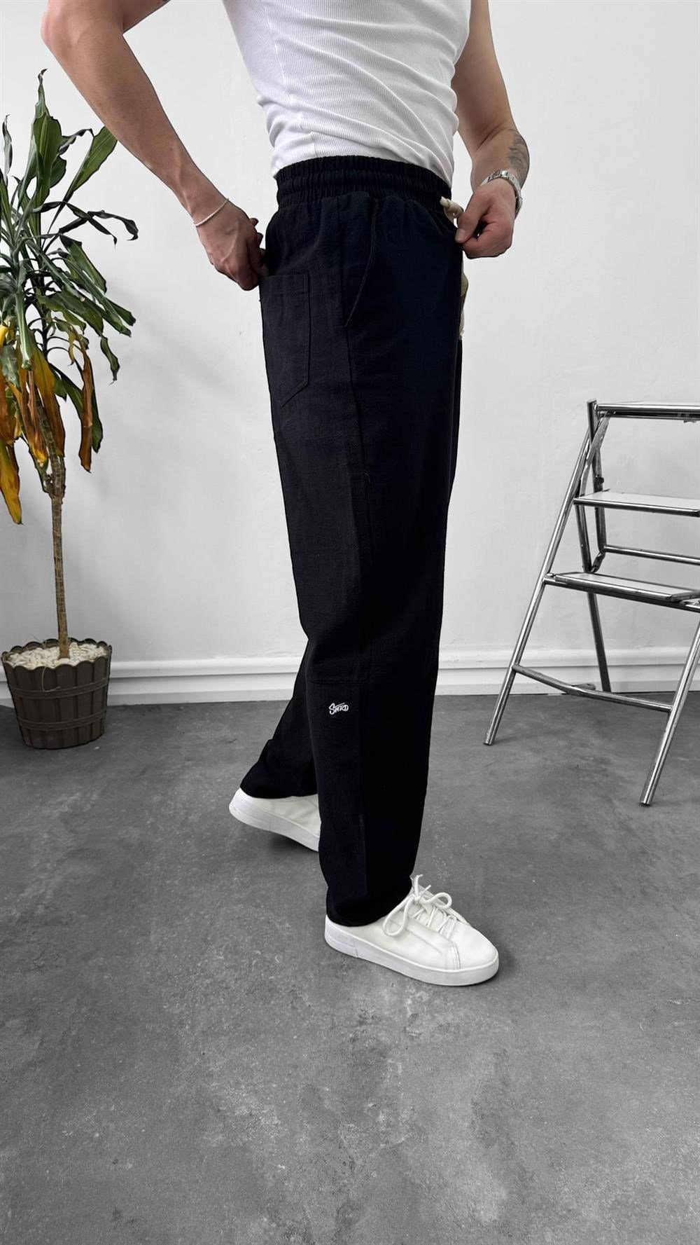 SW Ham Keten Baggy Beli İpli Baggy Pantolon Siyah