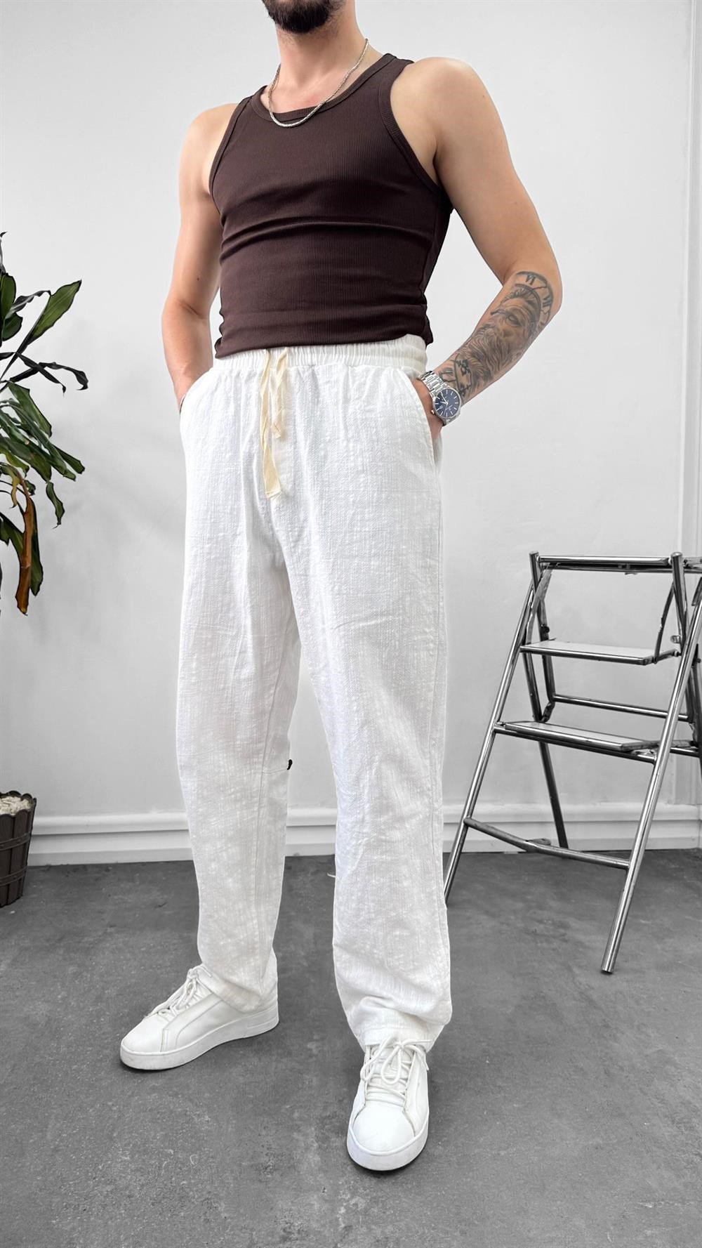 SW Ham Keten Baggy Beli İpli Baggy Pantolon Beyaz