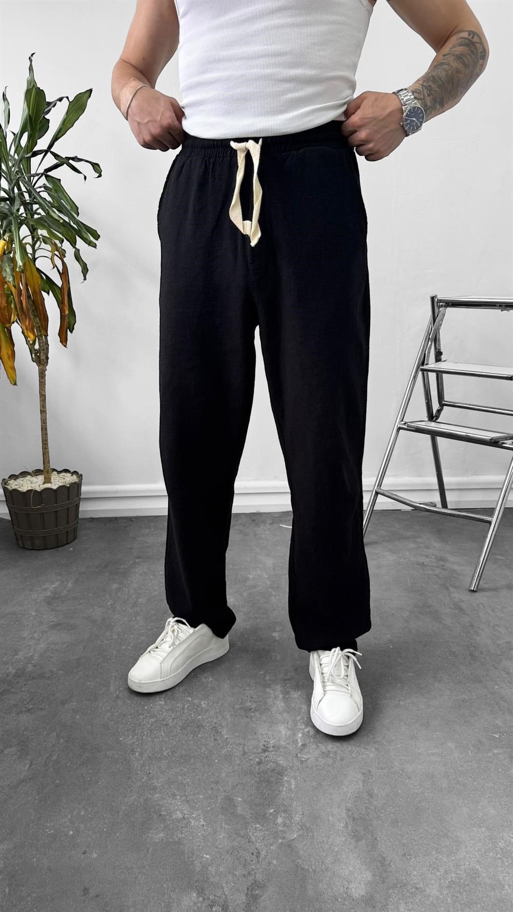 SW Ham Keten Baggy Beli İpli Baggy Pantolon Siyah