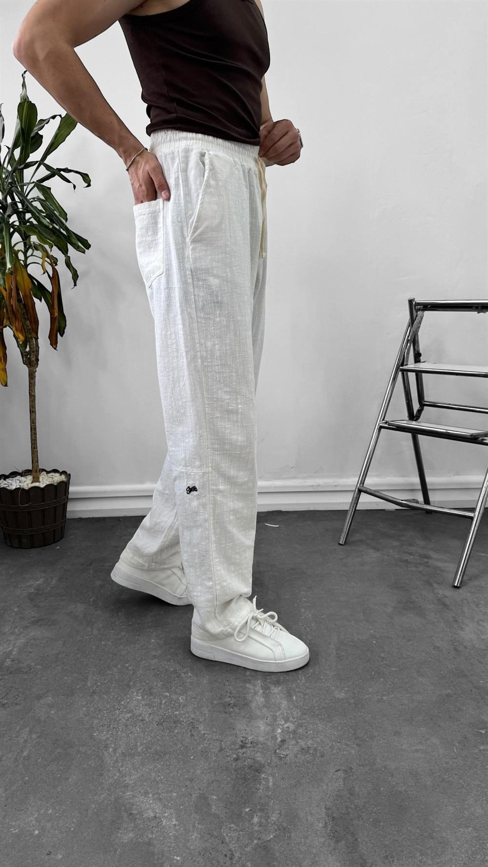 SW Ham Keten Baggy Beli İpli Baggy Pantolon Beyaz