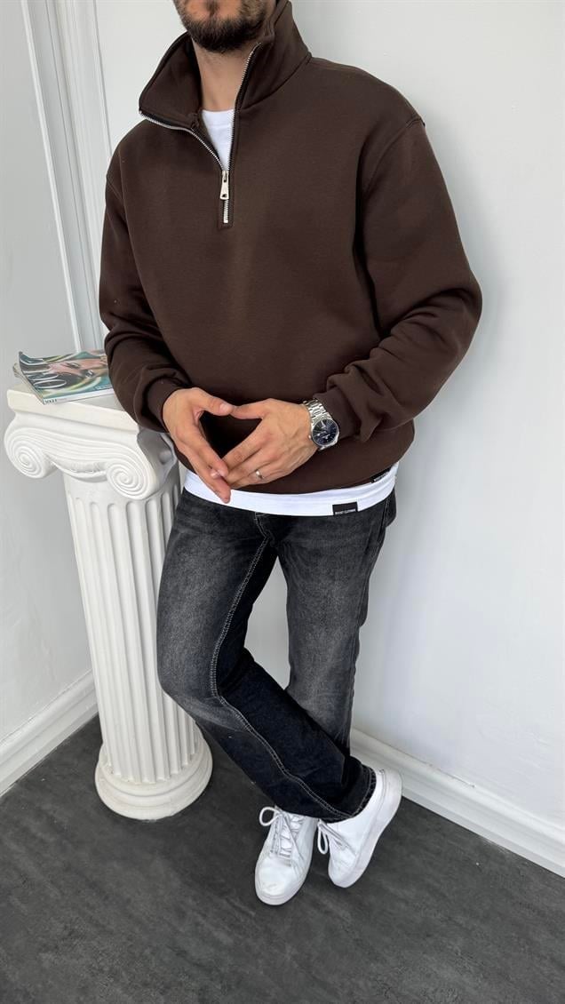 Yarım Fermuarlı Üç İplik Şardonlu Sweatshirt Kahverengi