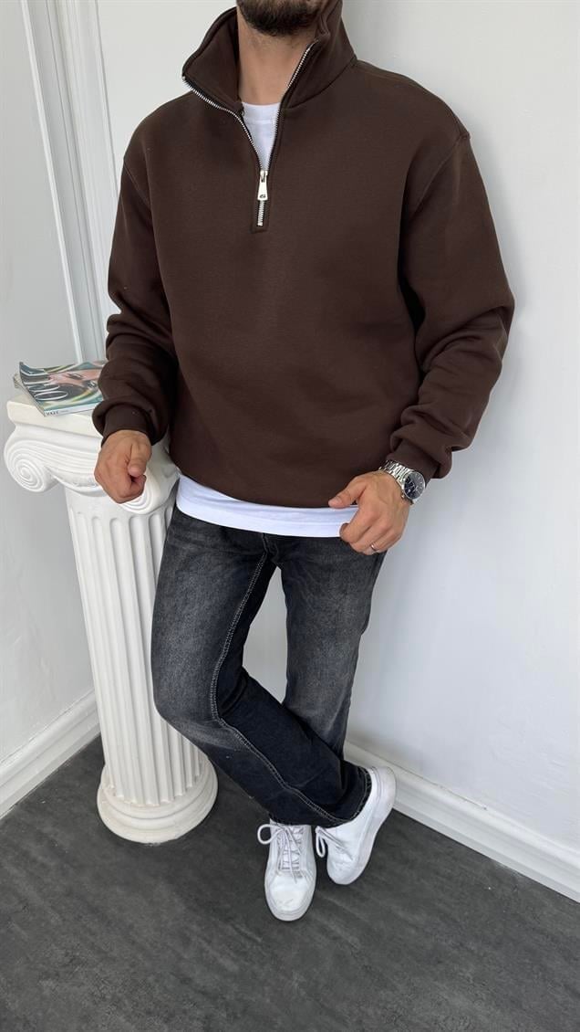 Yarım Fermuarlı Üç İplik Şardonlu Sweatshirt Kahverengi