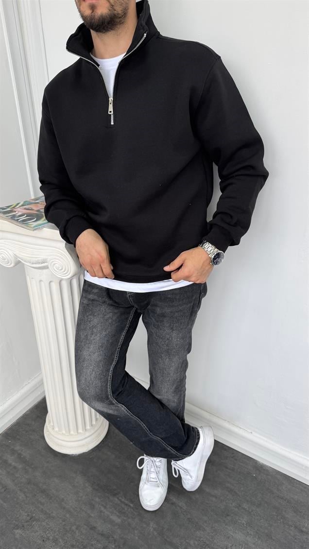 Yarım Fermuarlı Üç İplik Şardonlu Sweatshirt Siyah