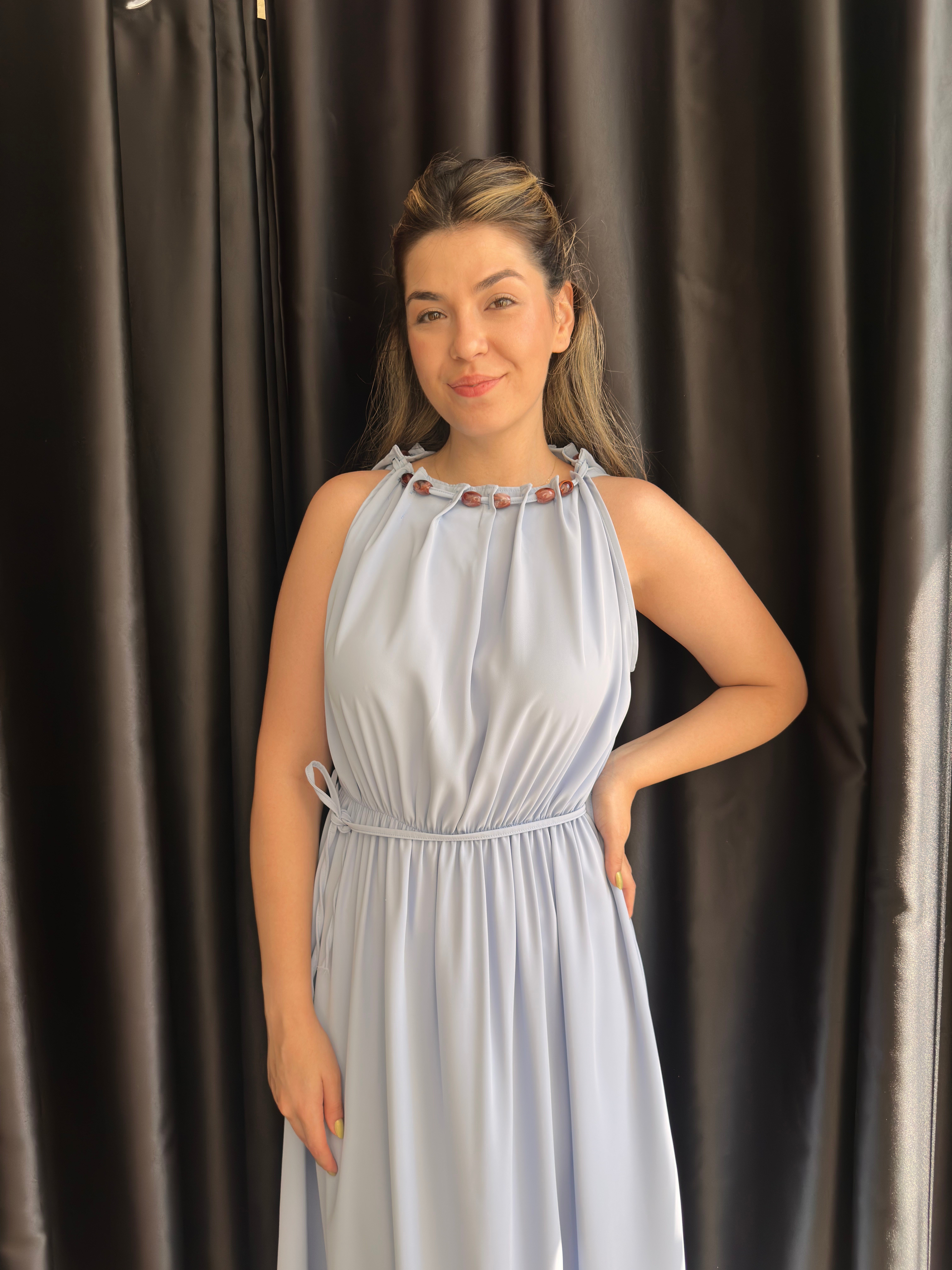 Boncuklu Bebe Mavisi Halter Yaka Elbise 