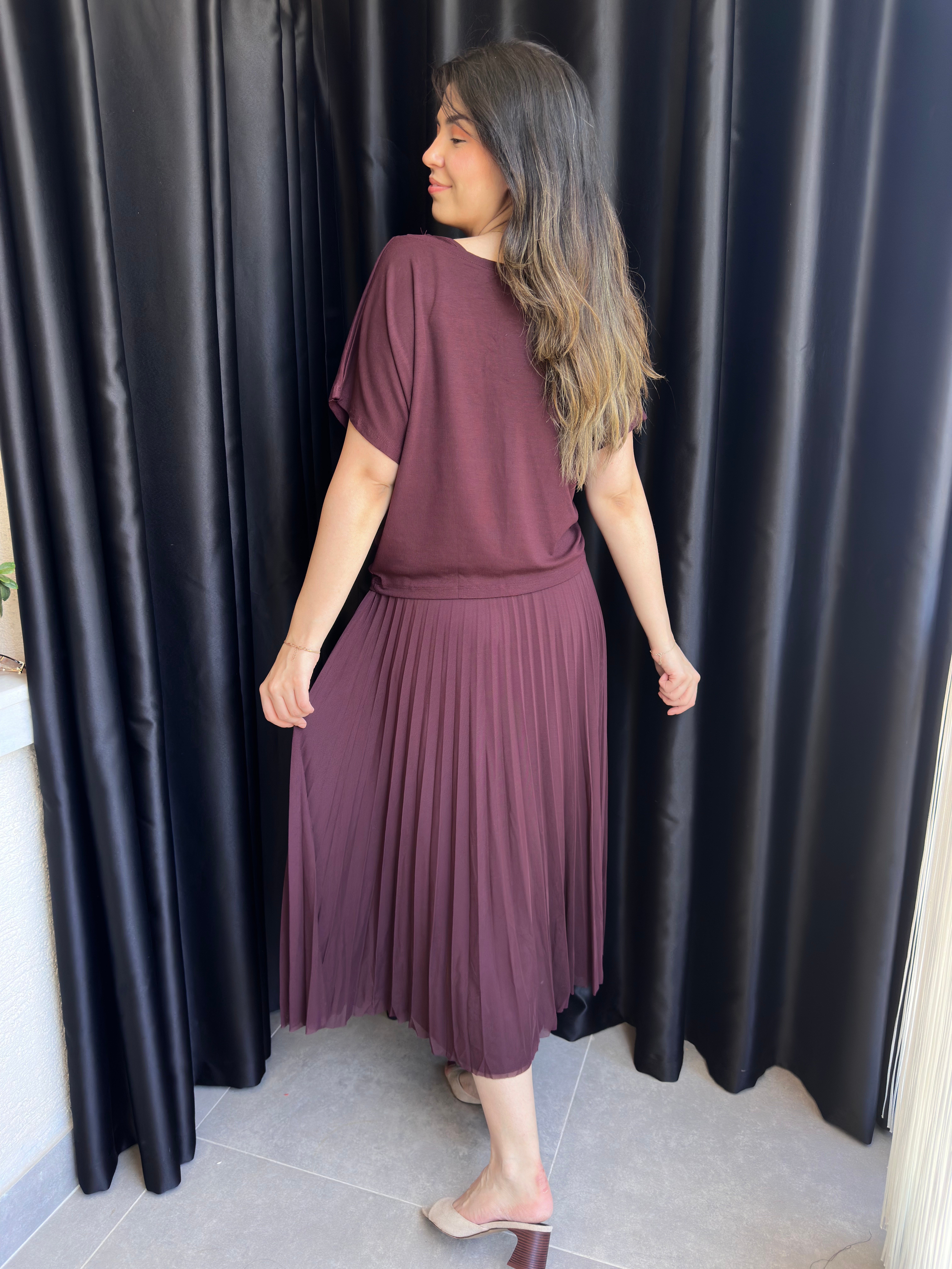 Bordo Bluz Pileli Elbise Takım