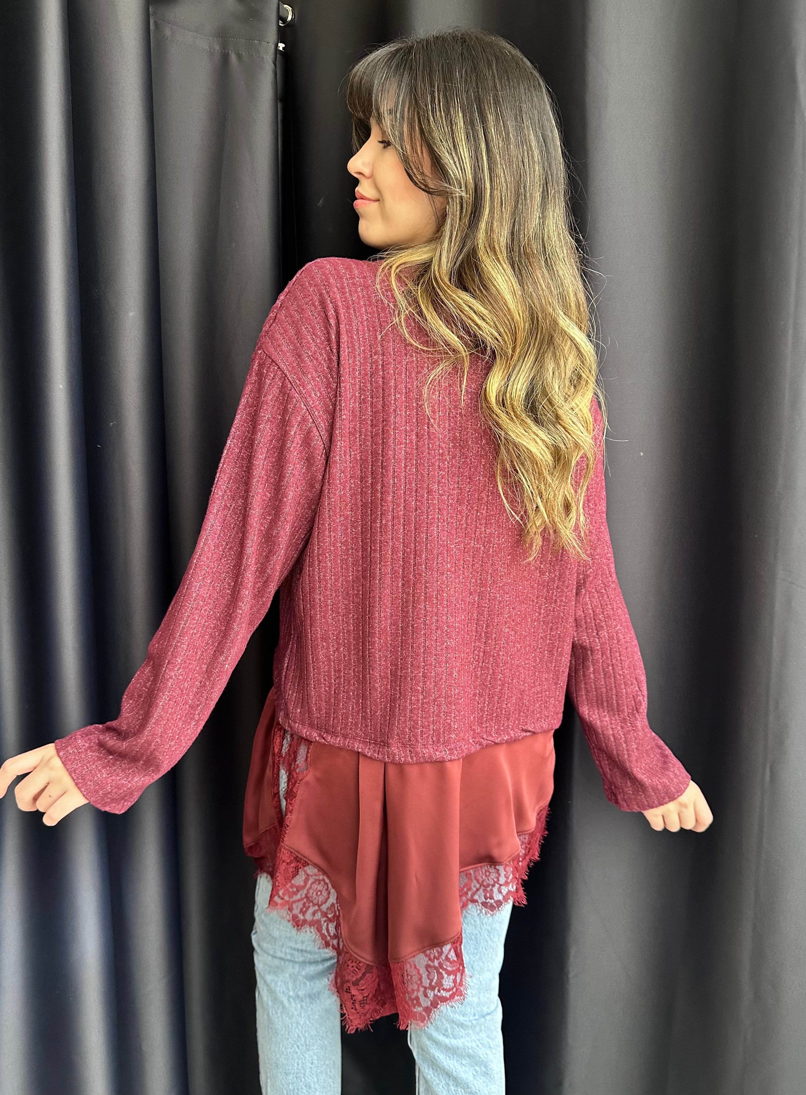 Bordo Dantel Detaylı Bluz