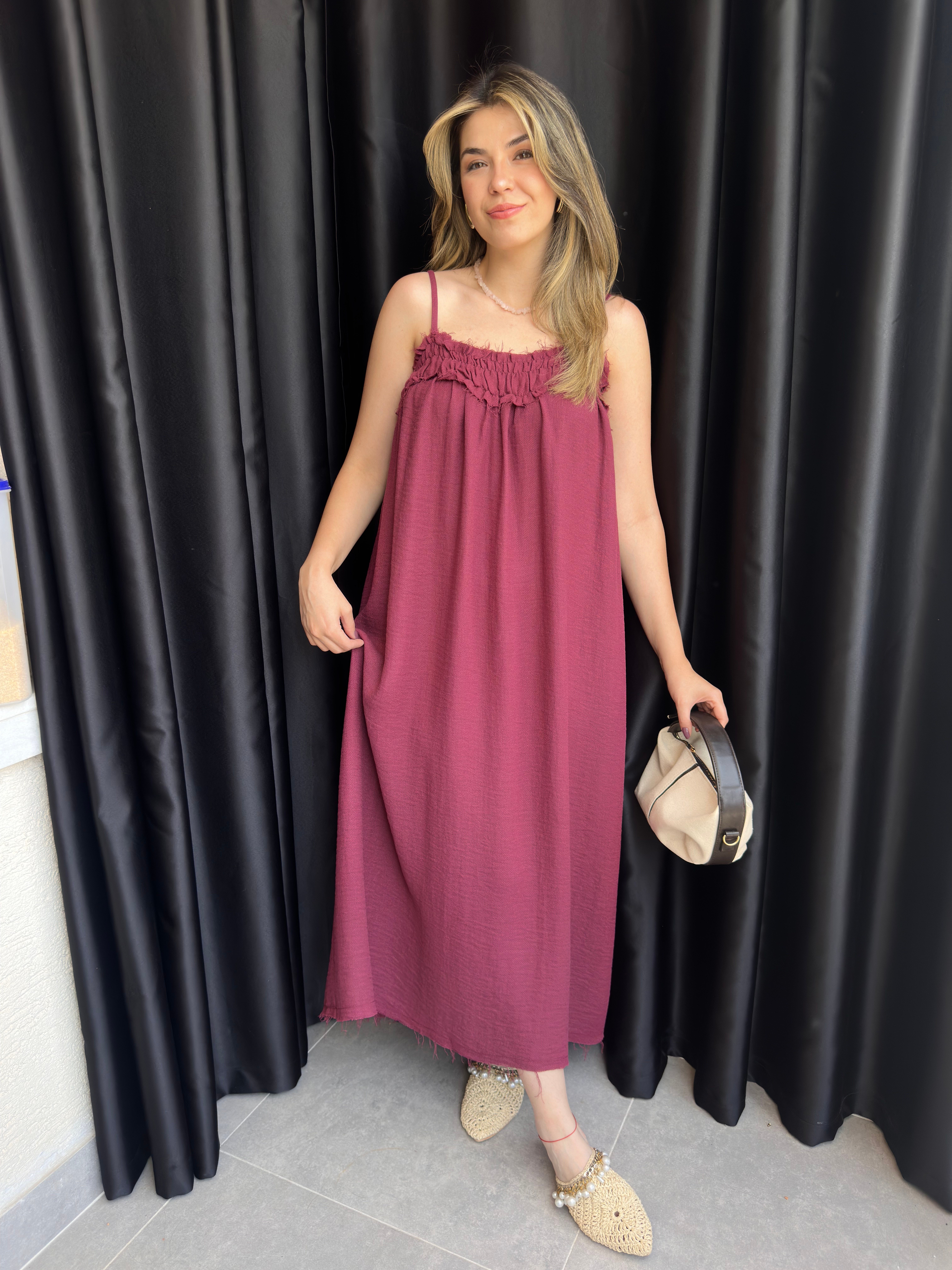 Bordo İp Askılı Drape Detaylı Elbise