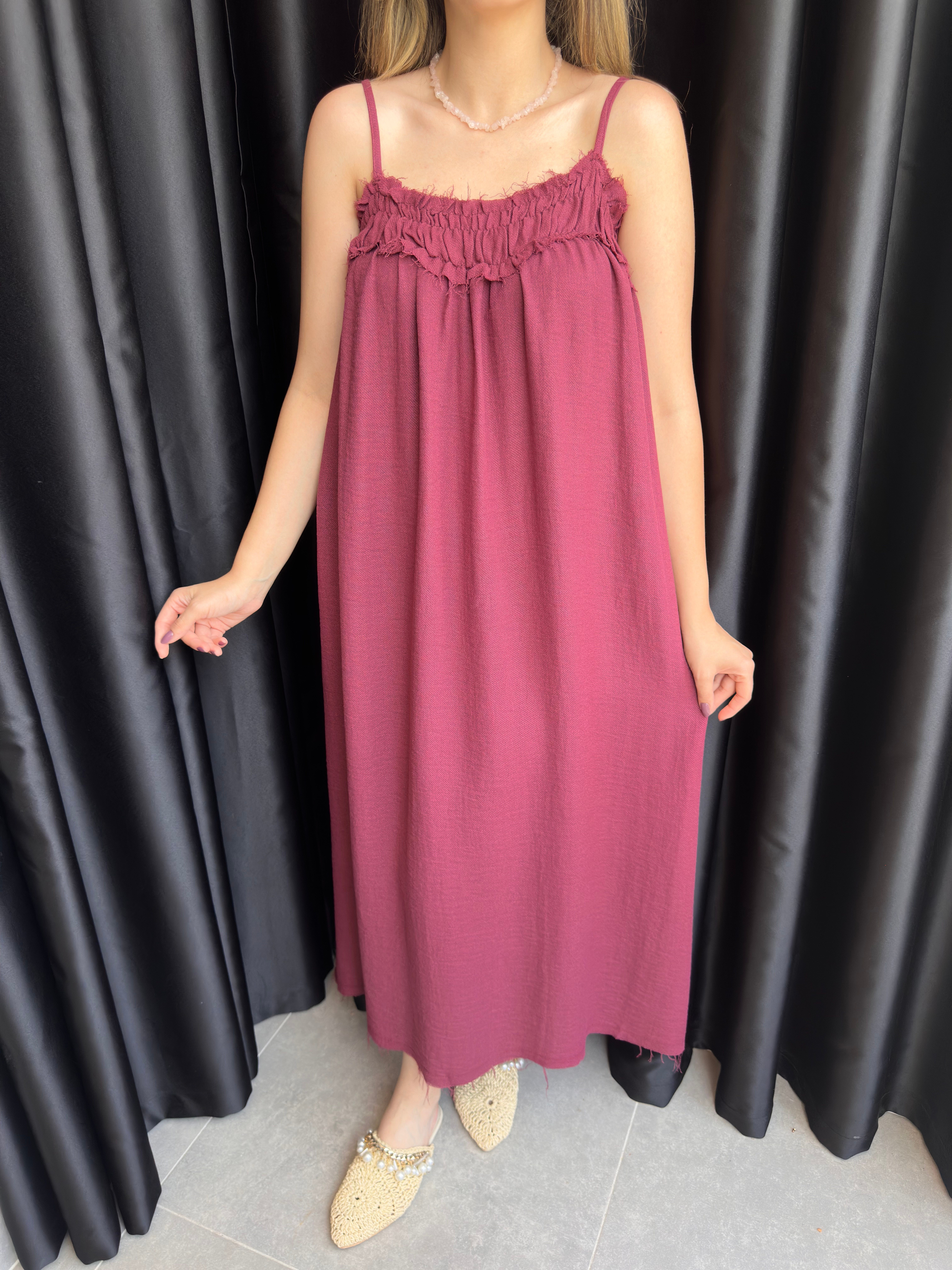 Bordo İp Askılı Drape Detaylı Elbise