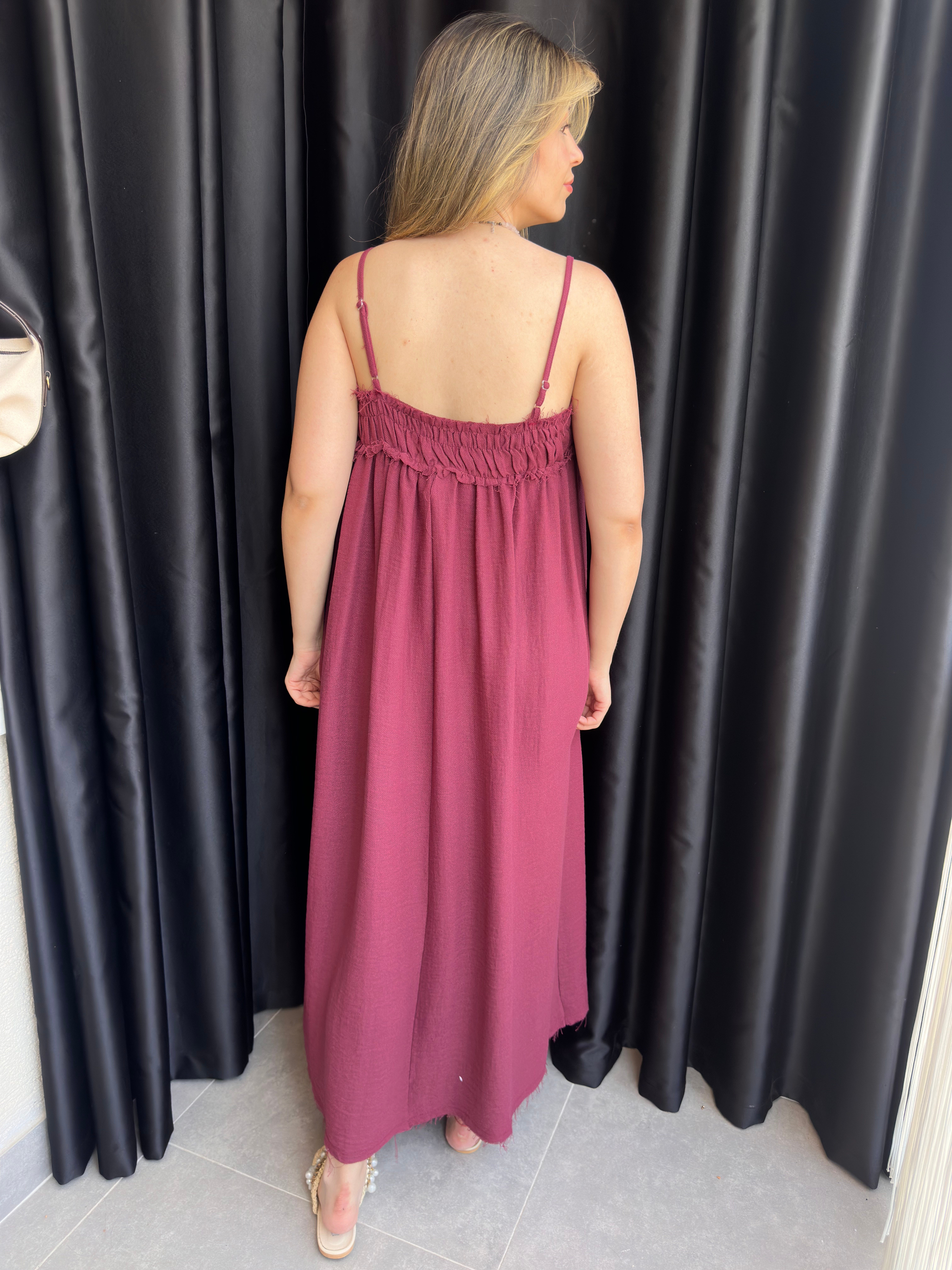 Bordo İp Askılı Drape Detaylı Elbise