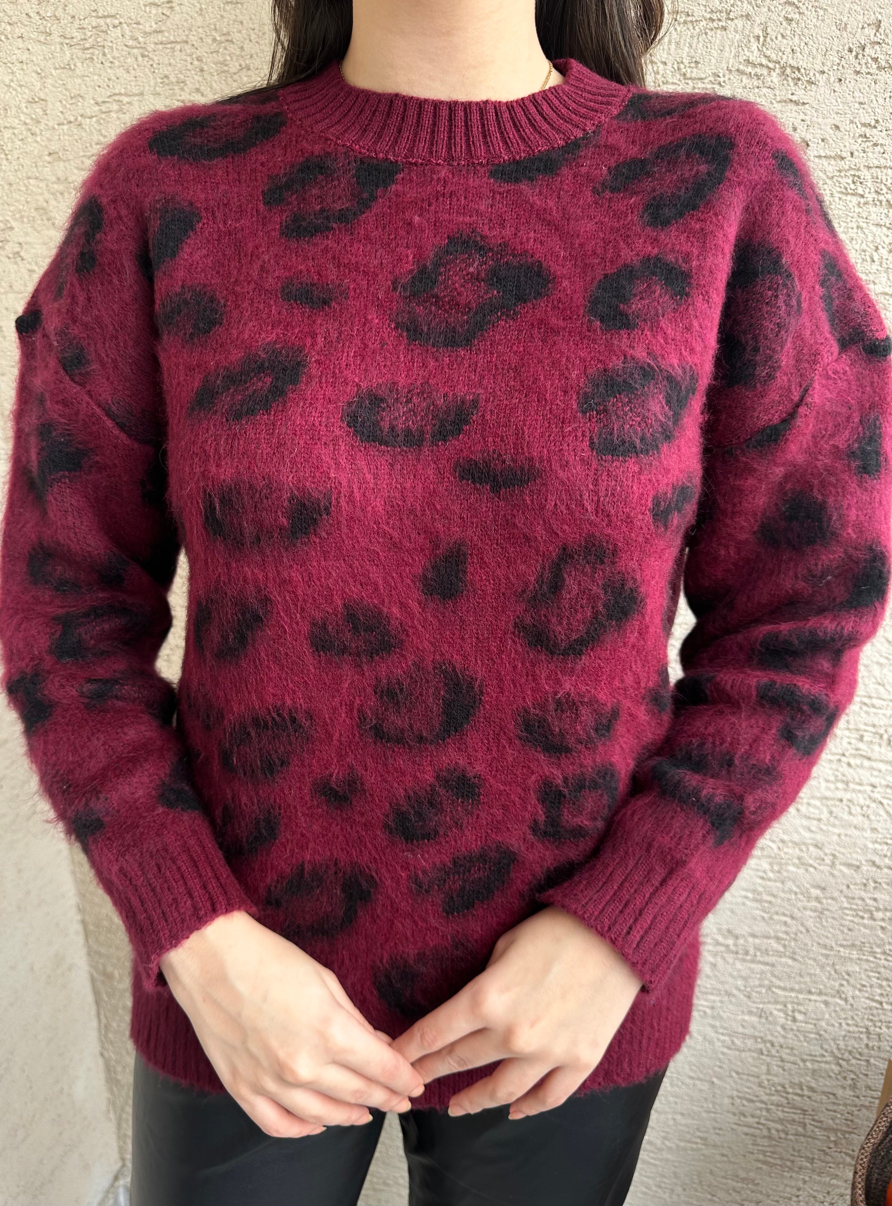 Bordo Leopar Desenli Yumoş Kazak