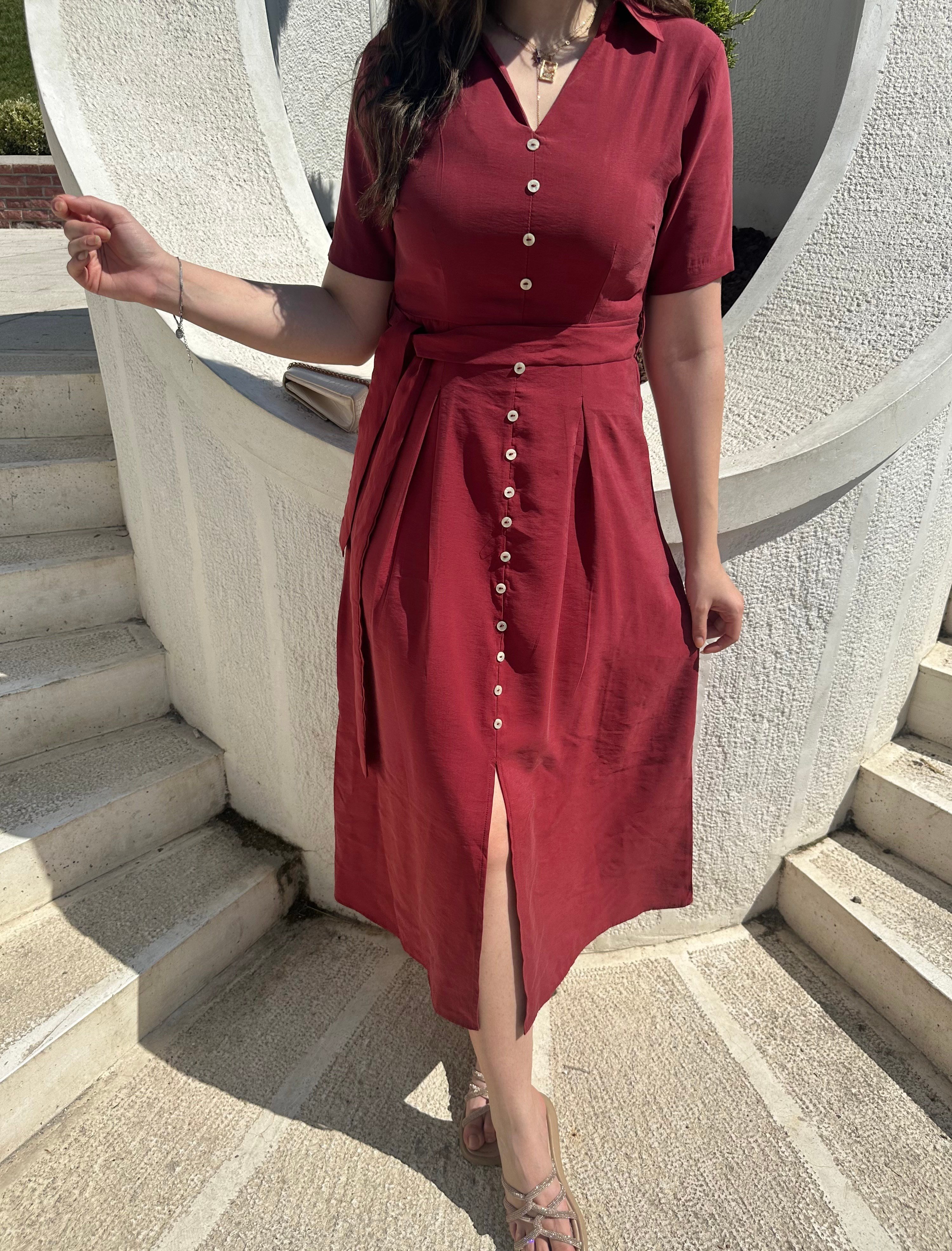 Bordo Tensel Yırtmaçlı  Elbise