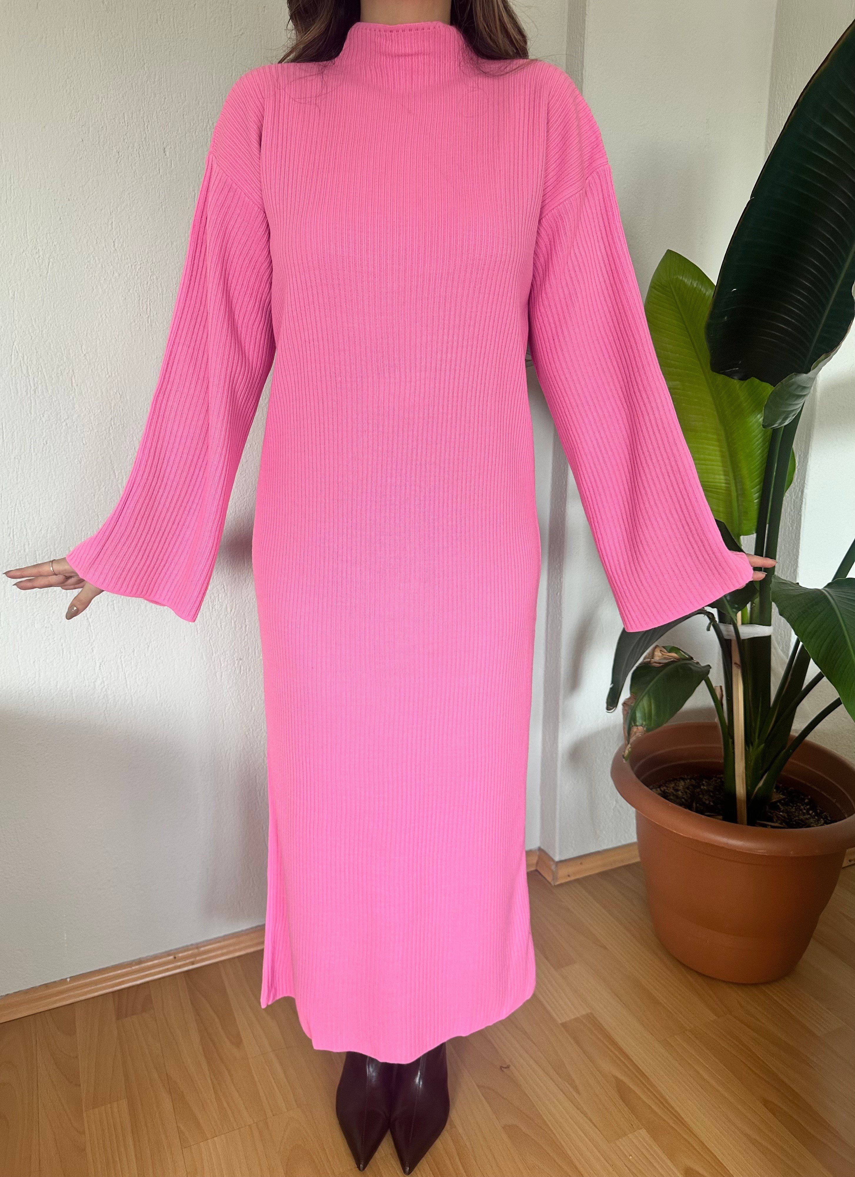 Dora Fitilli Kuşaklı Pembe Triko Elbise