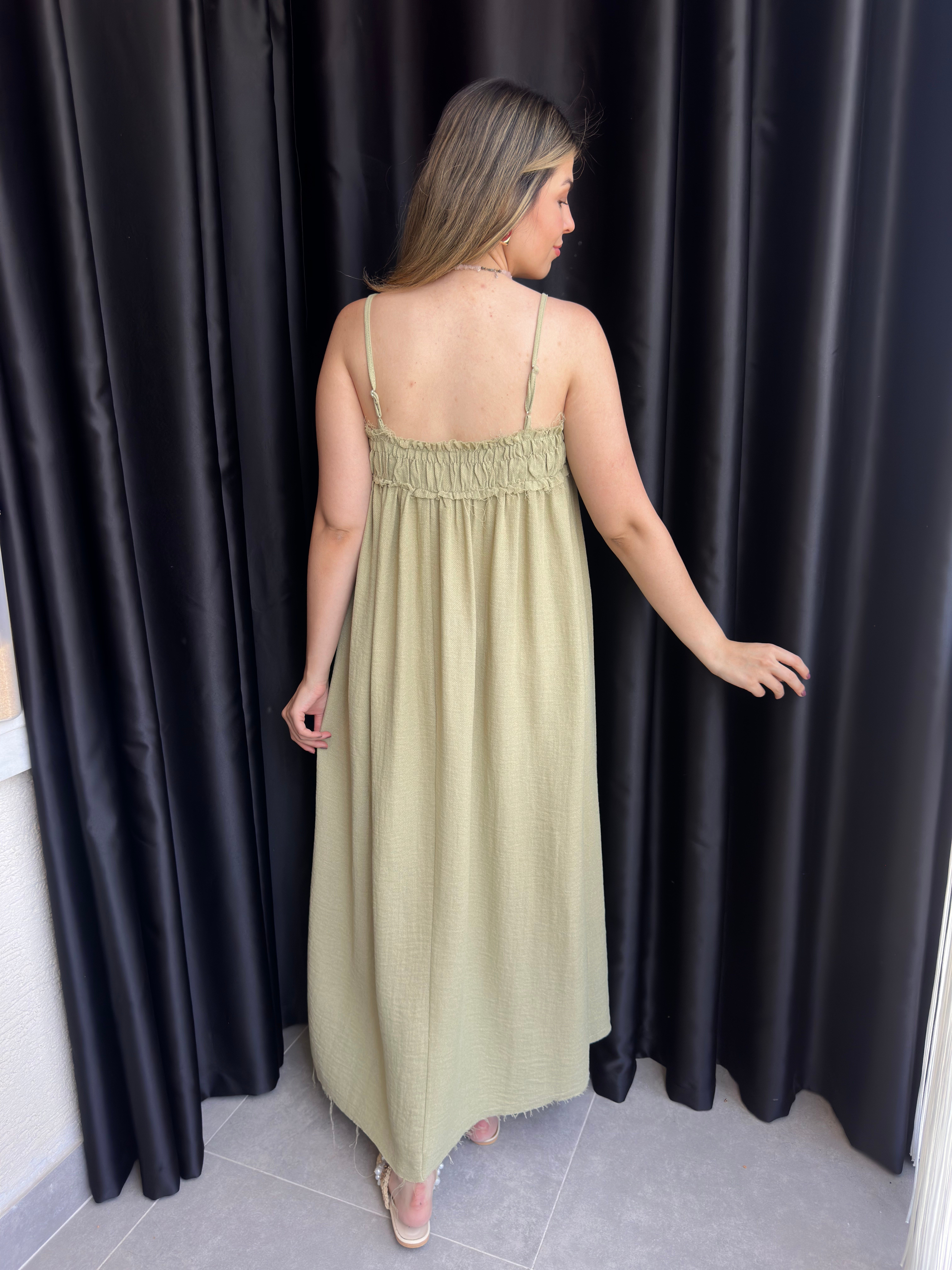 Haki İp Askılı Drape Detaylı Elbise