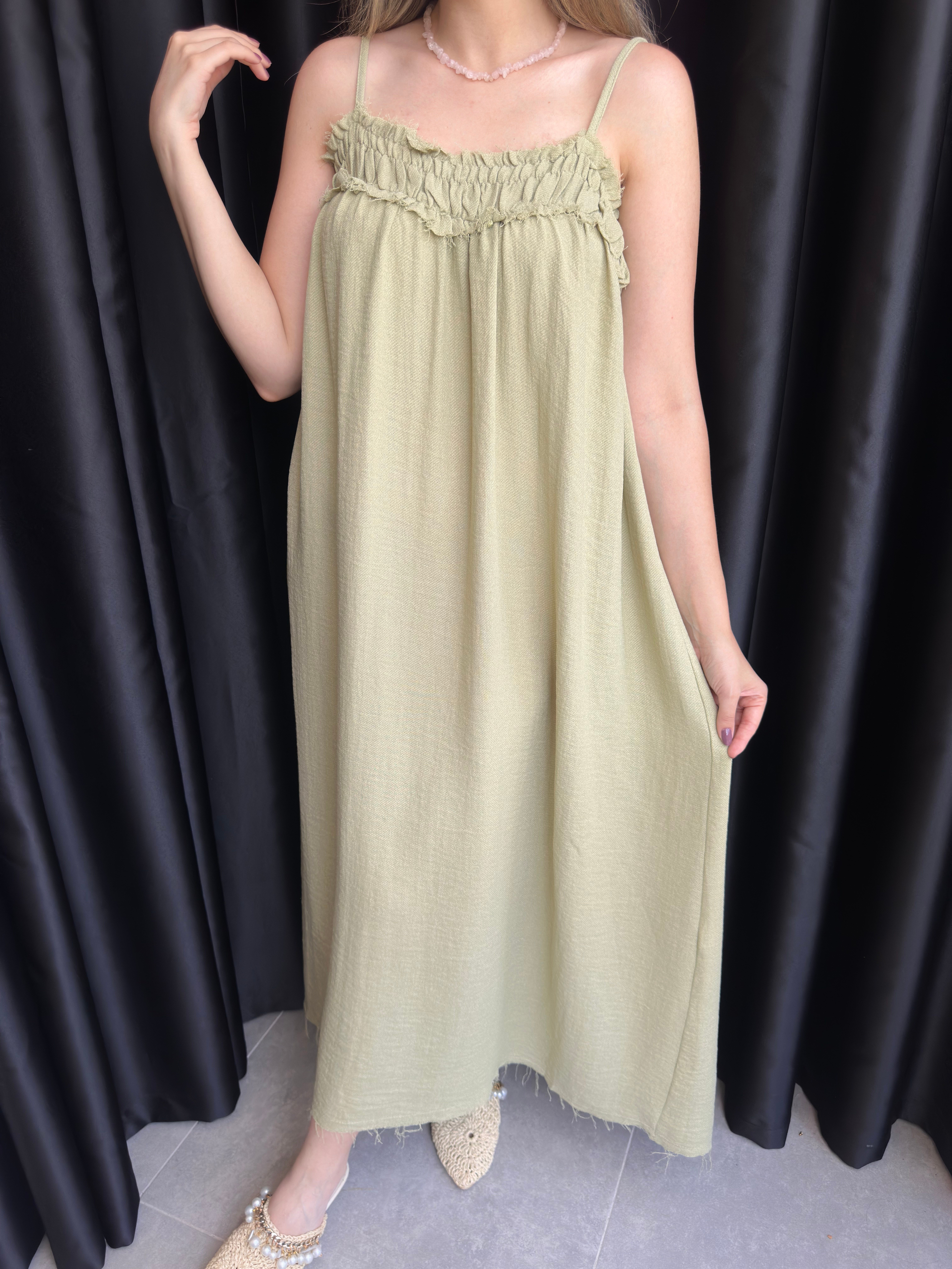 Haki İp Askılı Drape Detaylı Elbise