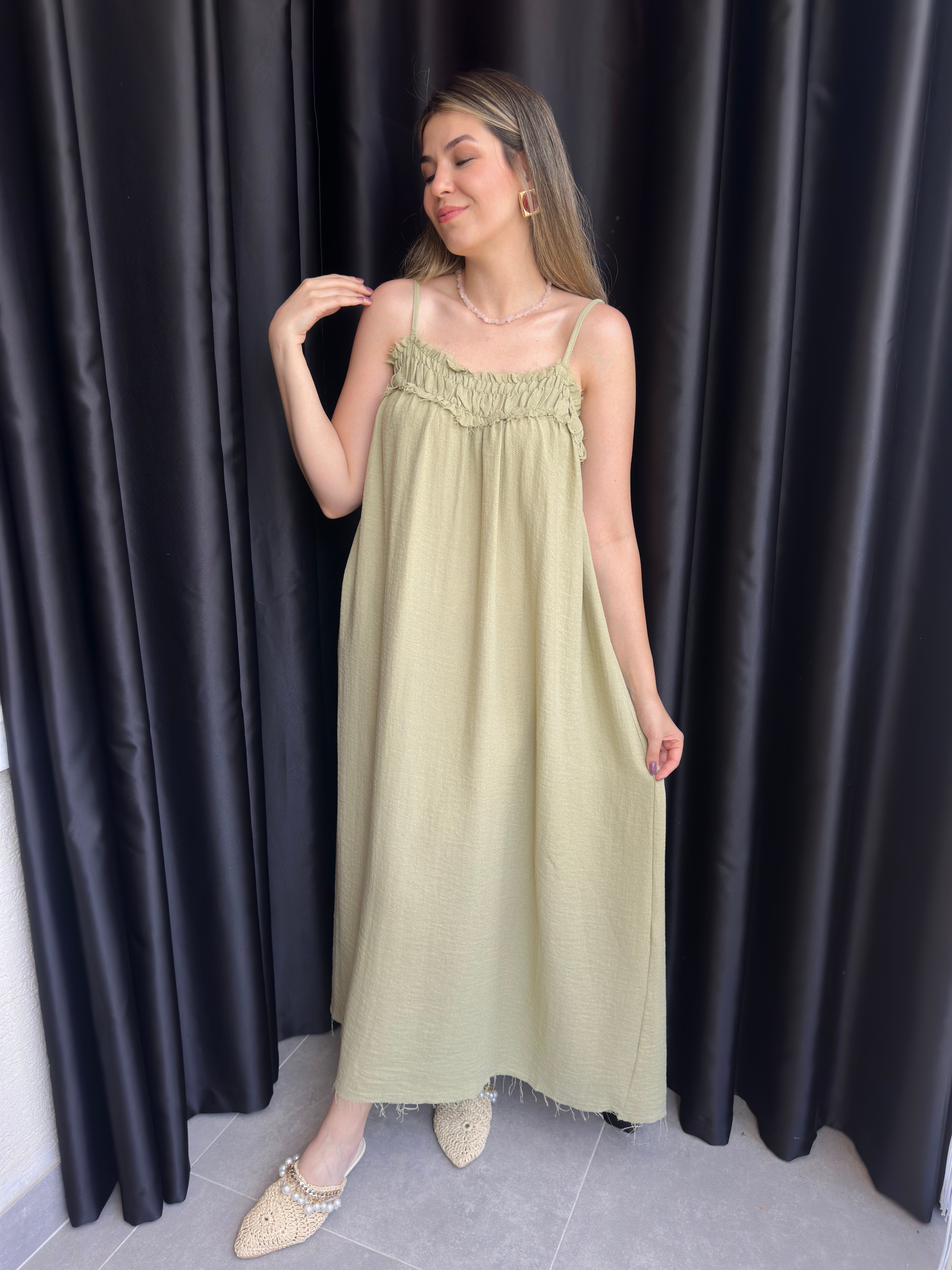 Haki İp Askılı Drape Detaylı Elbise