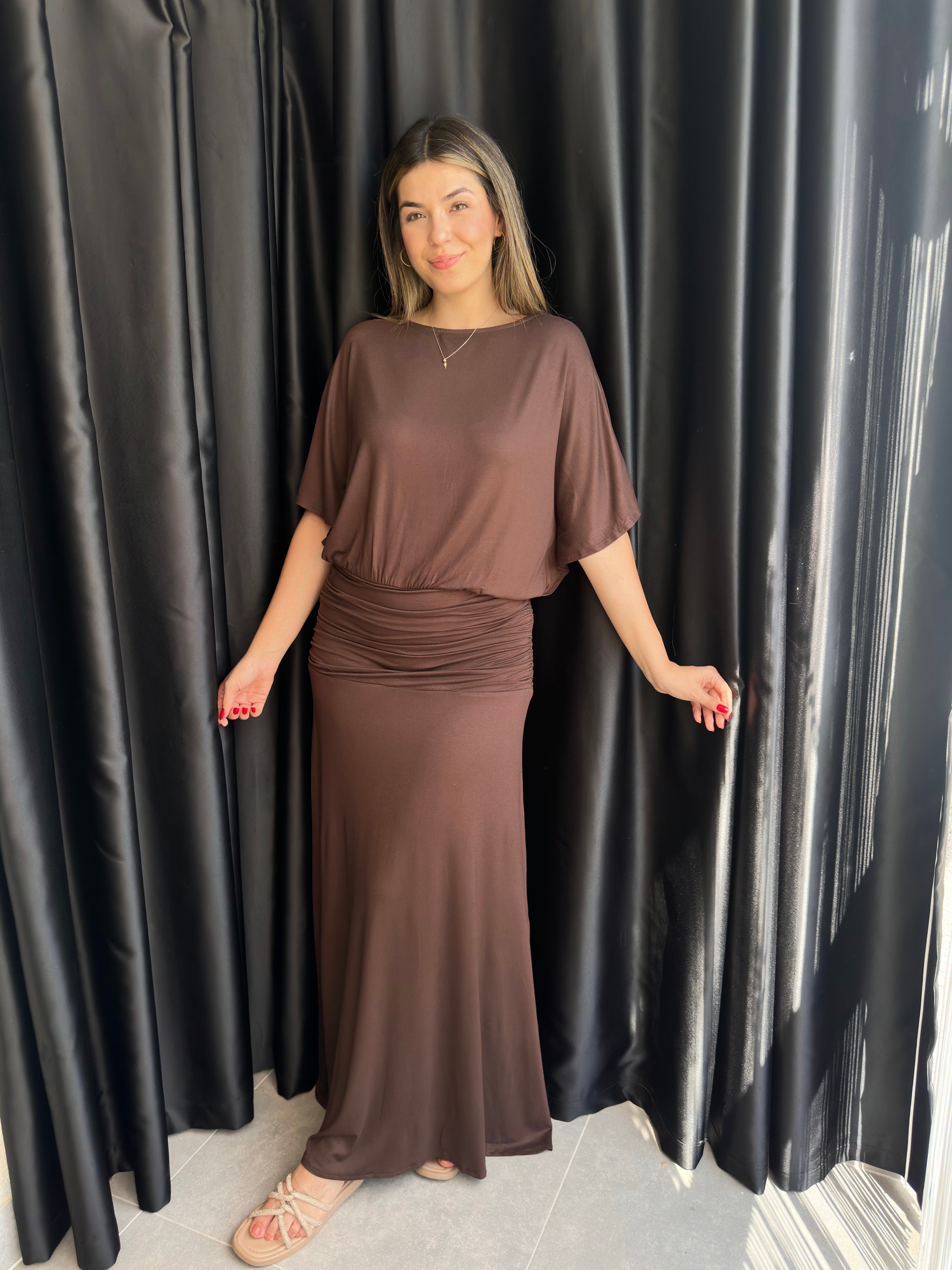 Kahve Drape Detaylı Yarasa Kol Elbise