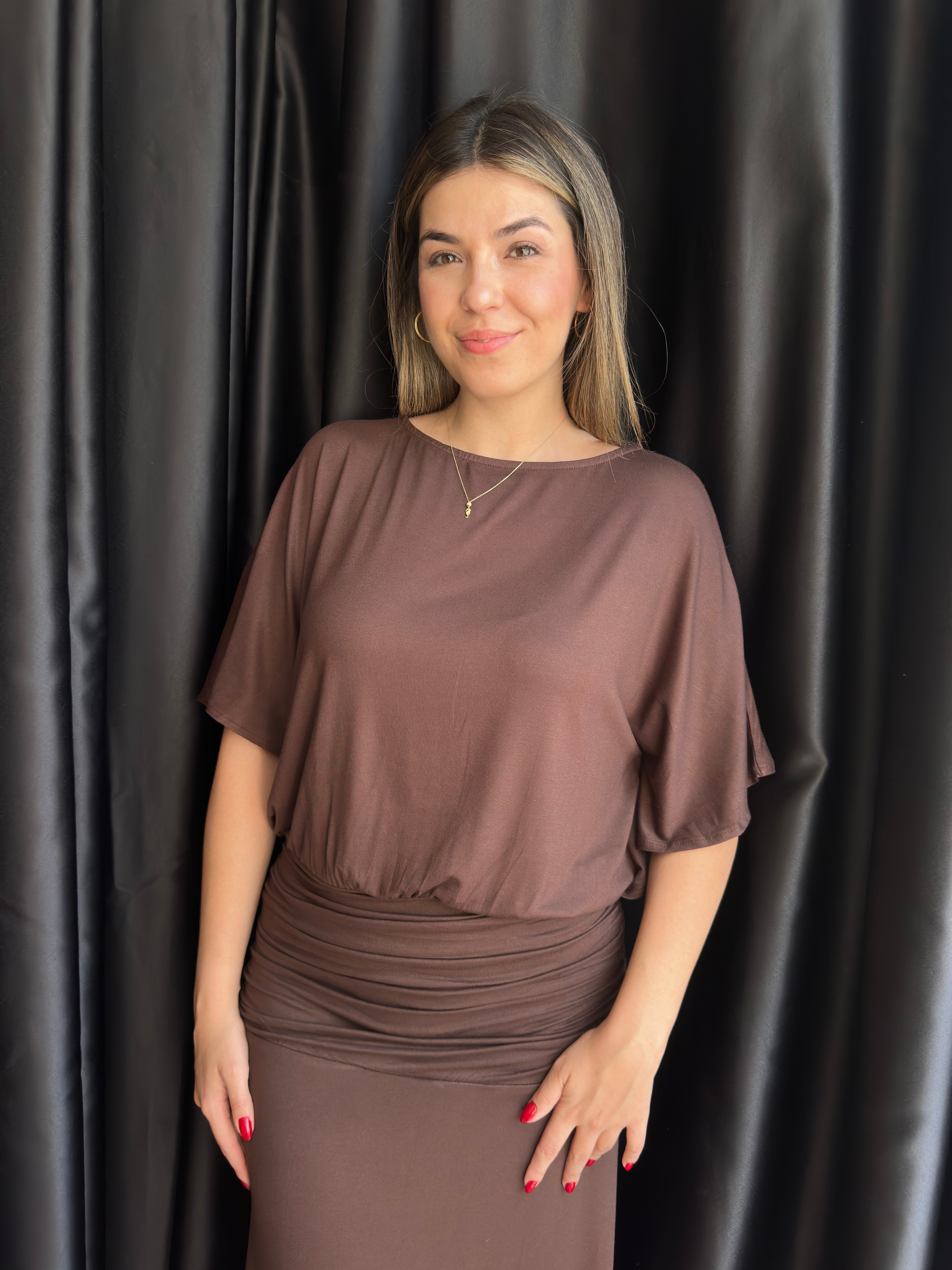 Kahve Drape Detaylı Yarasa Kol Elbise