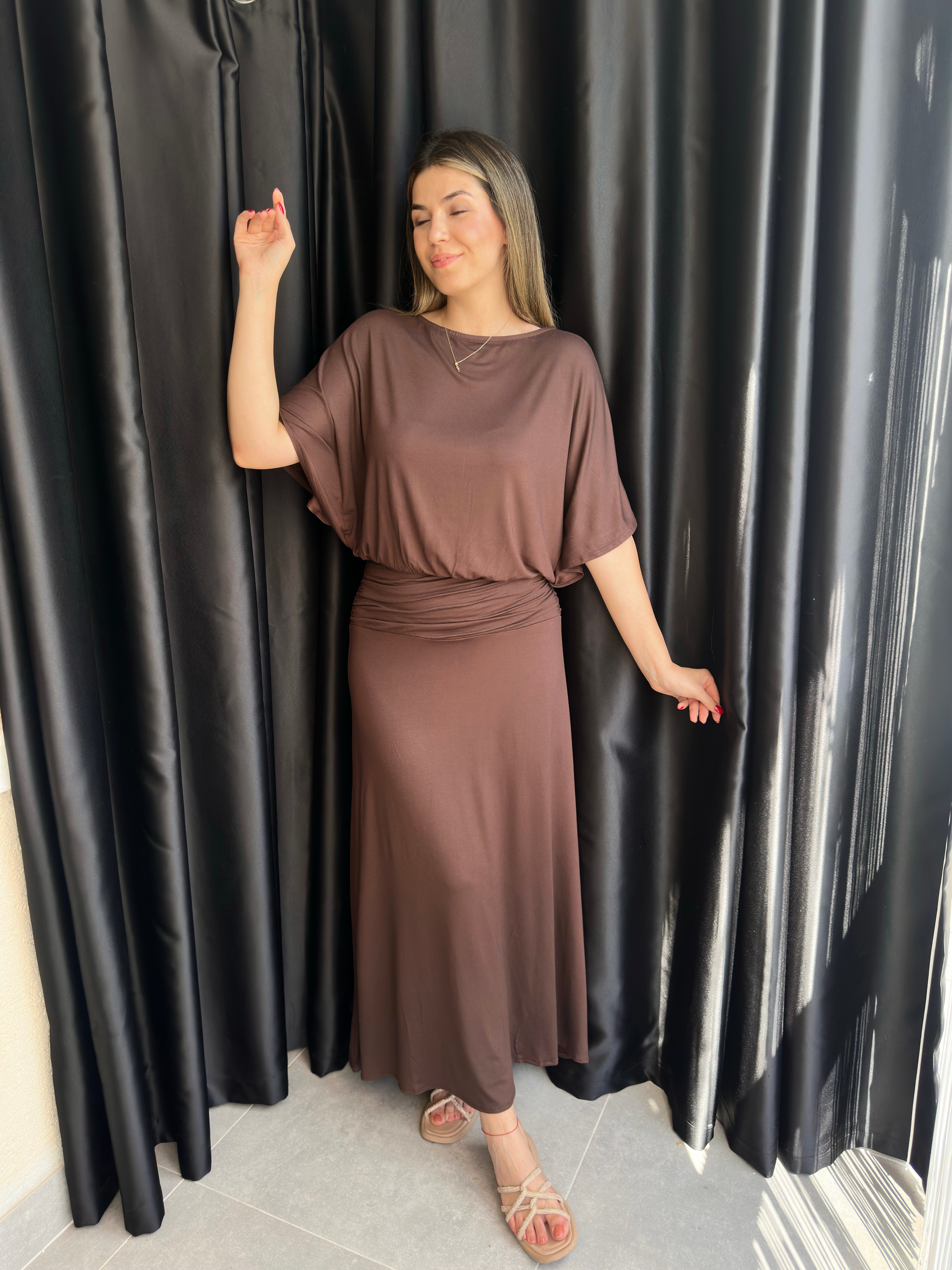 Kahve Drape Detaylı Yarasa Kol Elbise