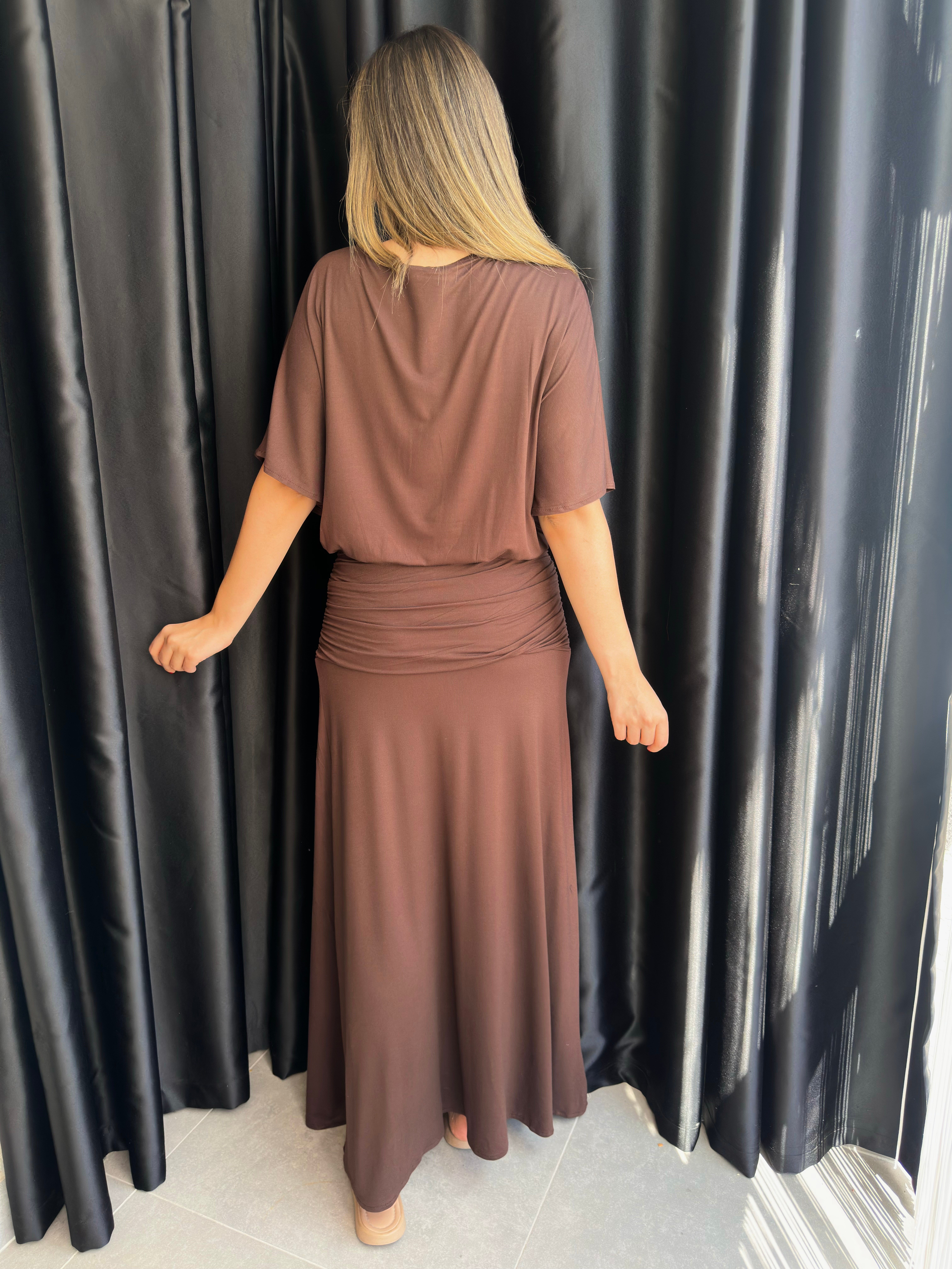 Kahve Drape Detaylı Yarasa Kol Elbise