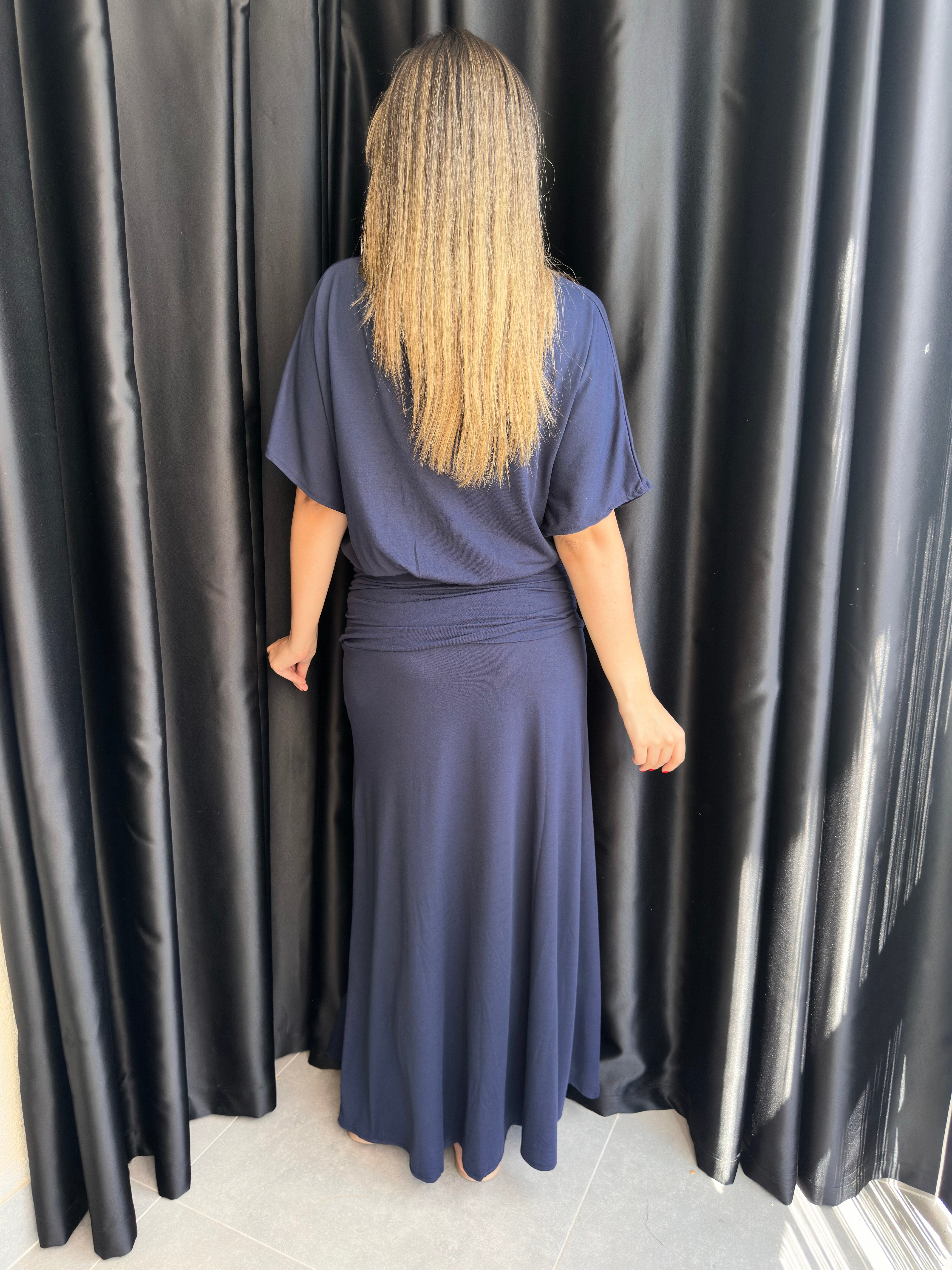 Lacivert Drape Detaylı Yarasa Kol Elbise