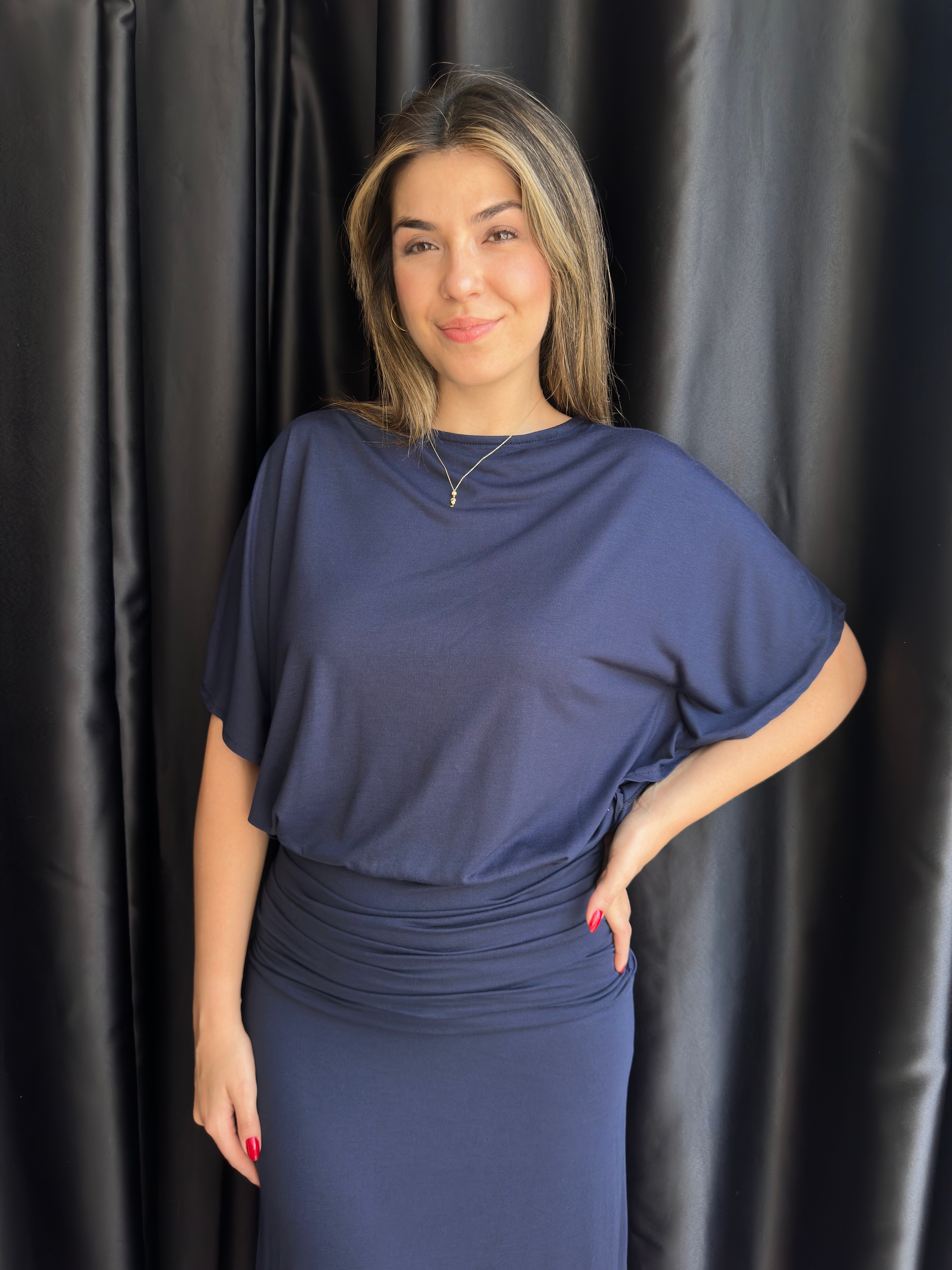 Lacivert Drape Detaylı Yarasa Kol Elbise