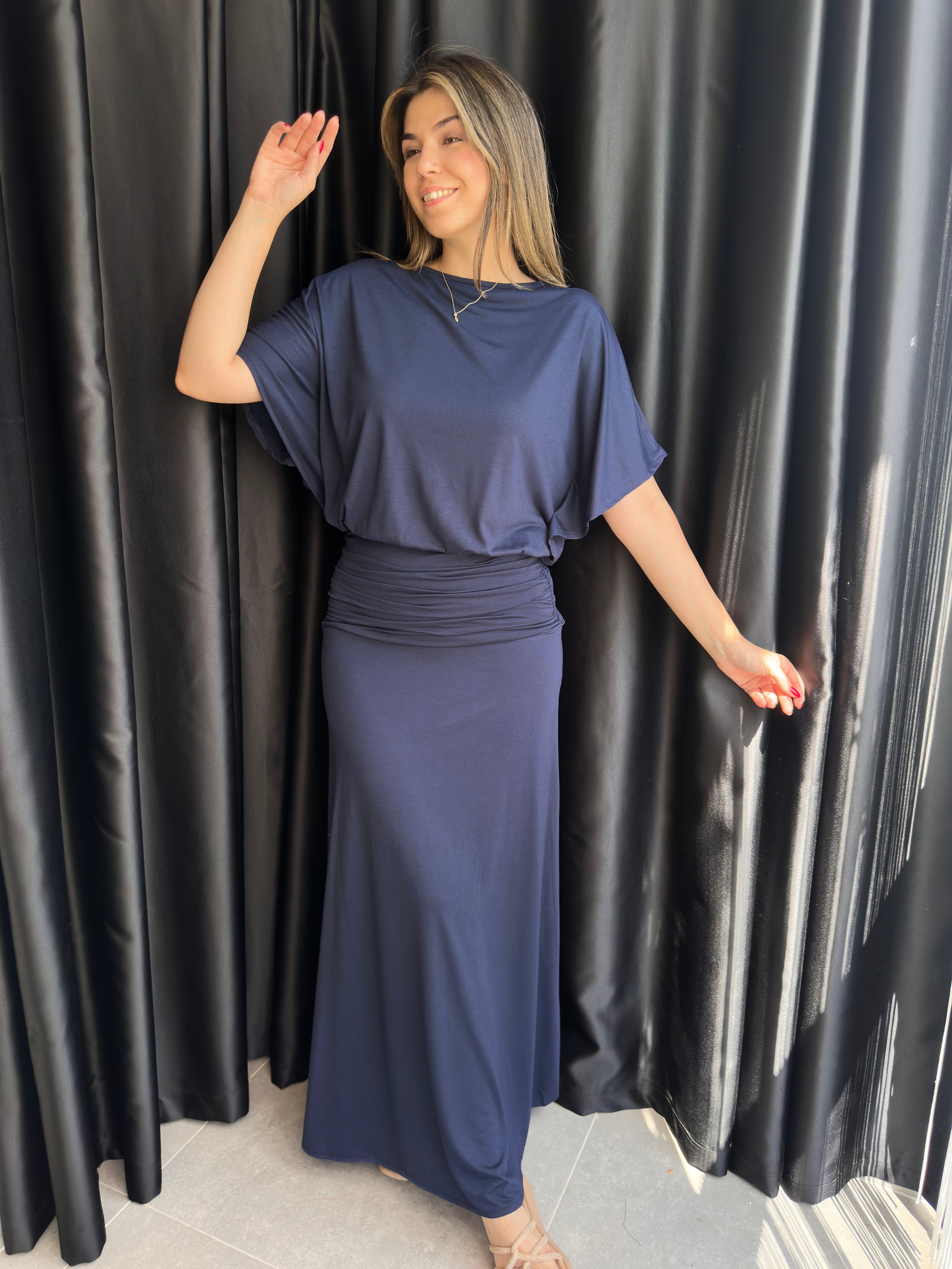 Lacivert Drape Detaylı Yarasa Kol Elbise