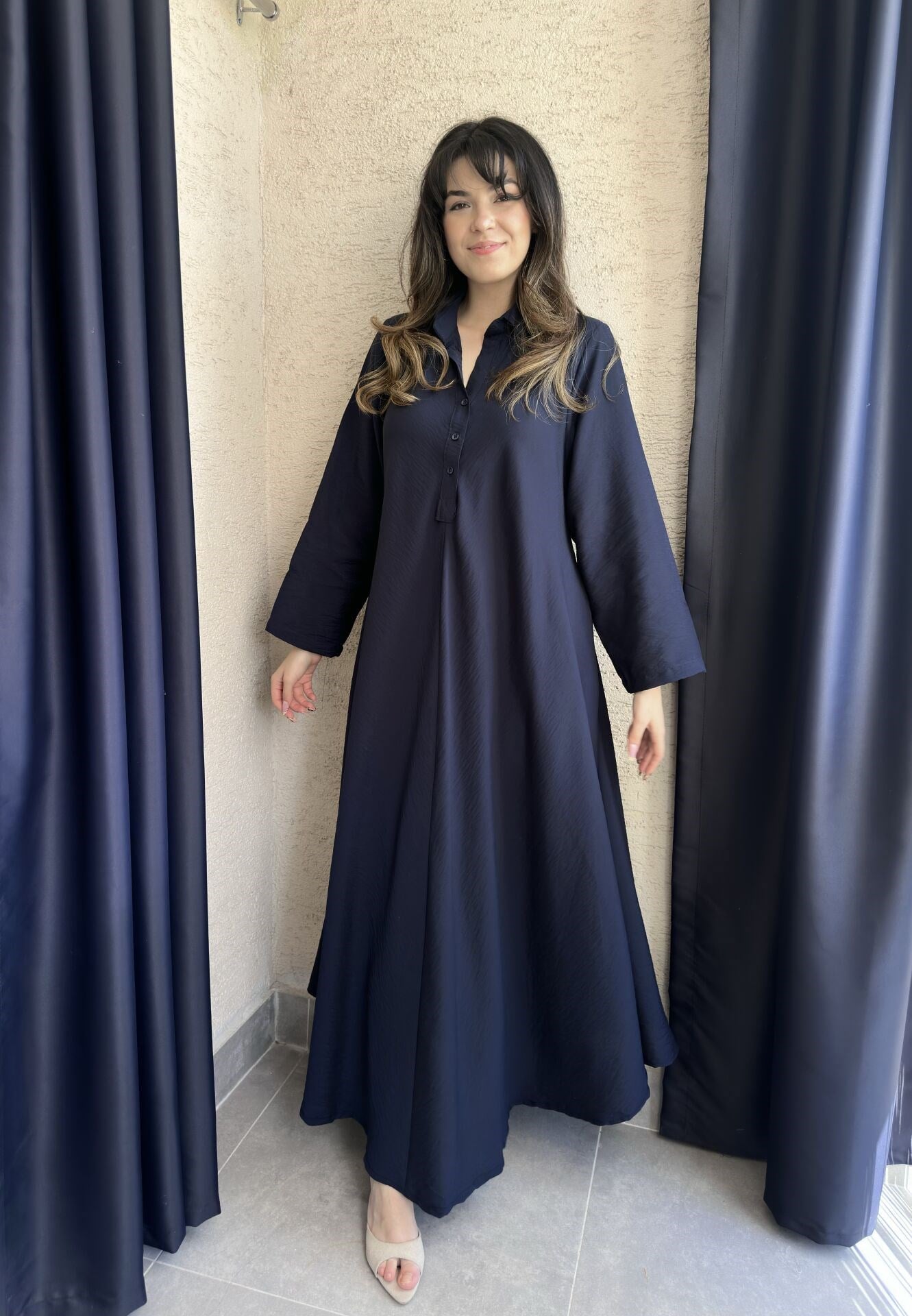 Lacivert Pile Maxi Elbise