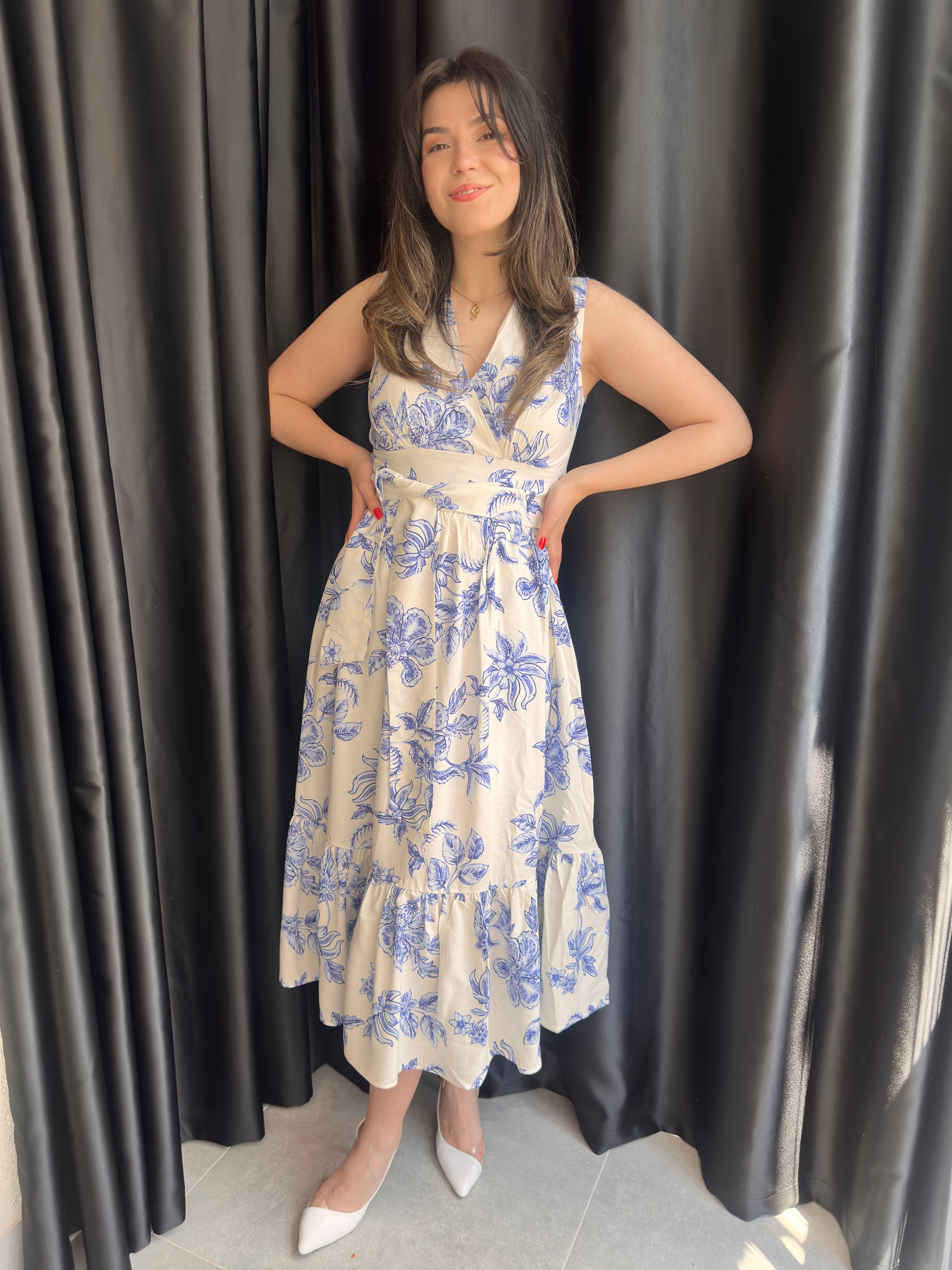 Mavi-Beyaz Desenli Fırfırlı Elbise
