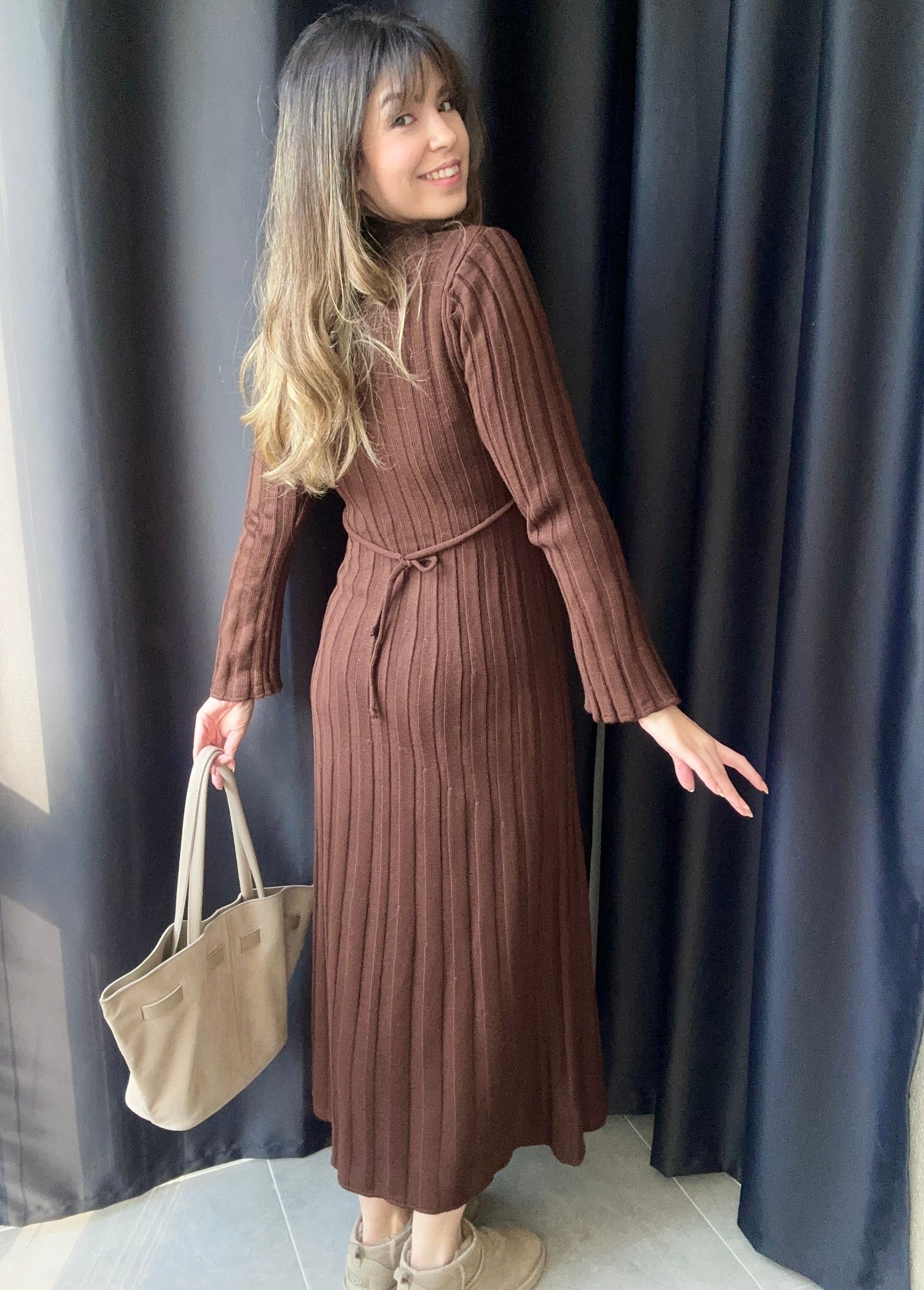 Nora Kahve Bağlama Detaylı Triko Elbise