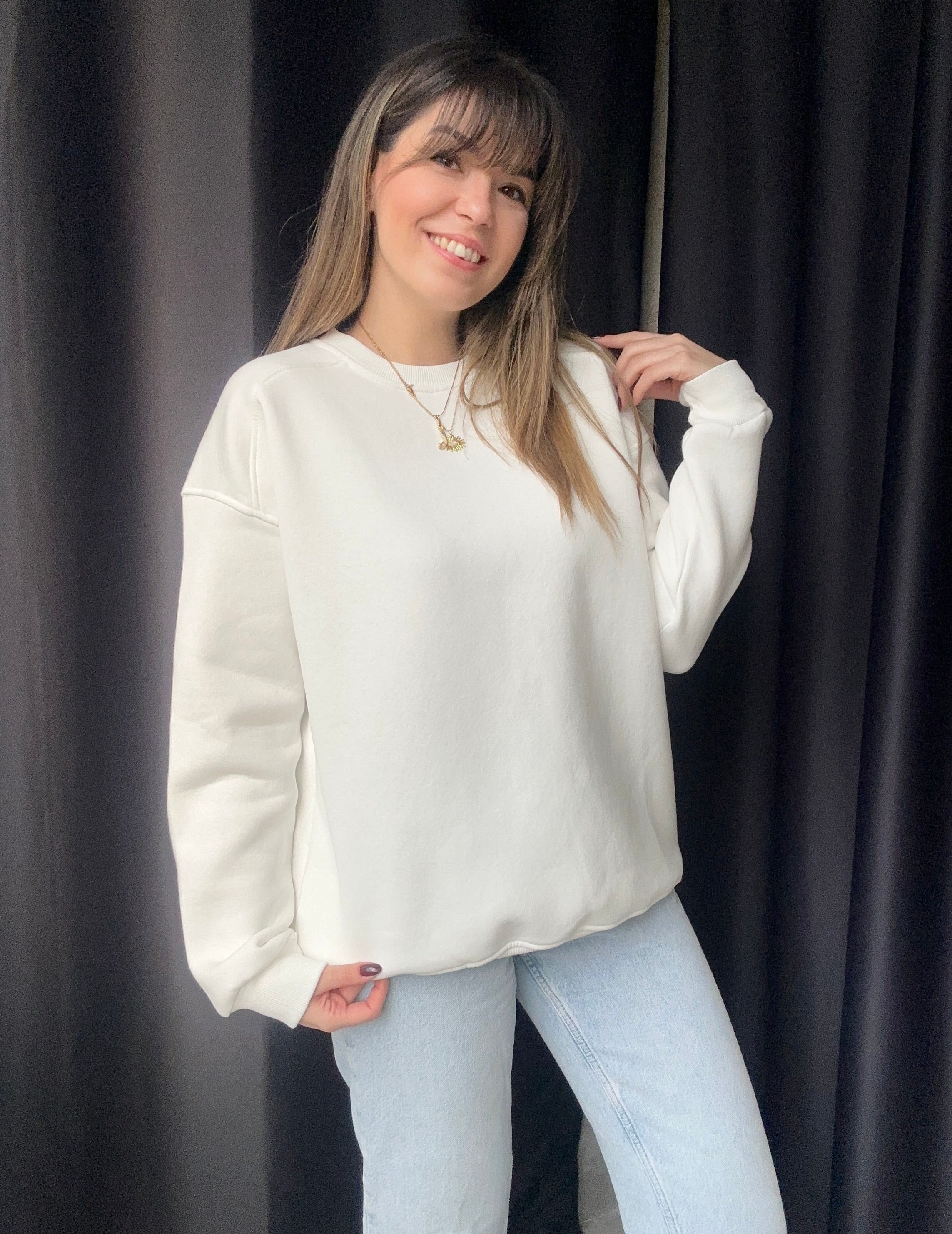 Omuz Dikiş Detaylı Beyaz Oversize Sweat