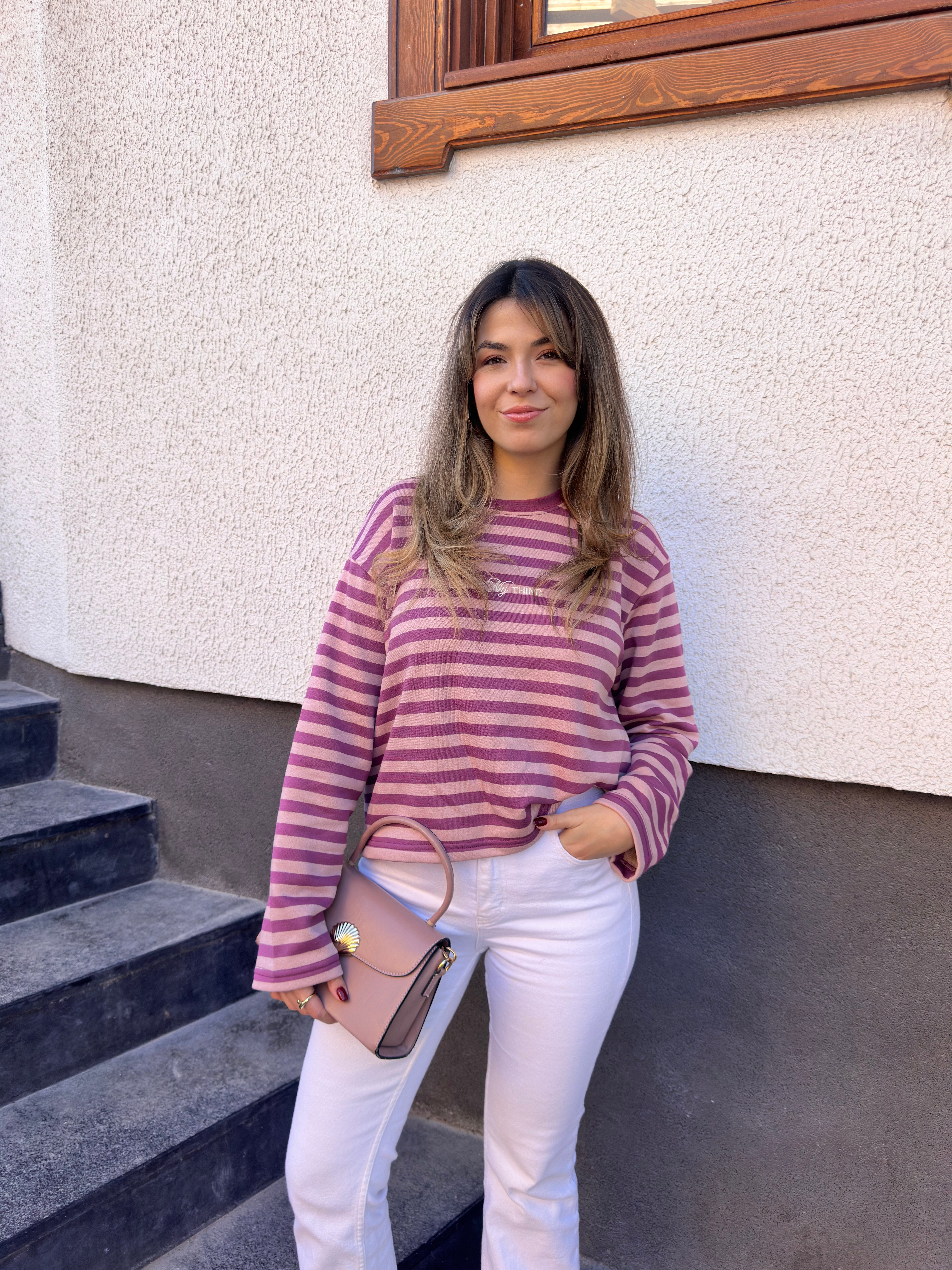 Pudra Pembe İnce Çizgili Yazılı Sweat