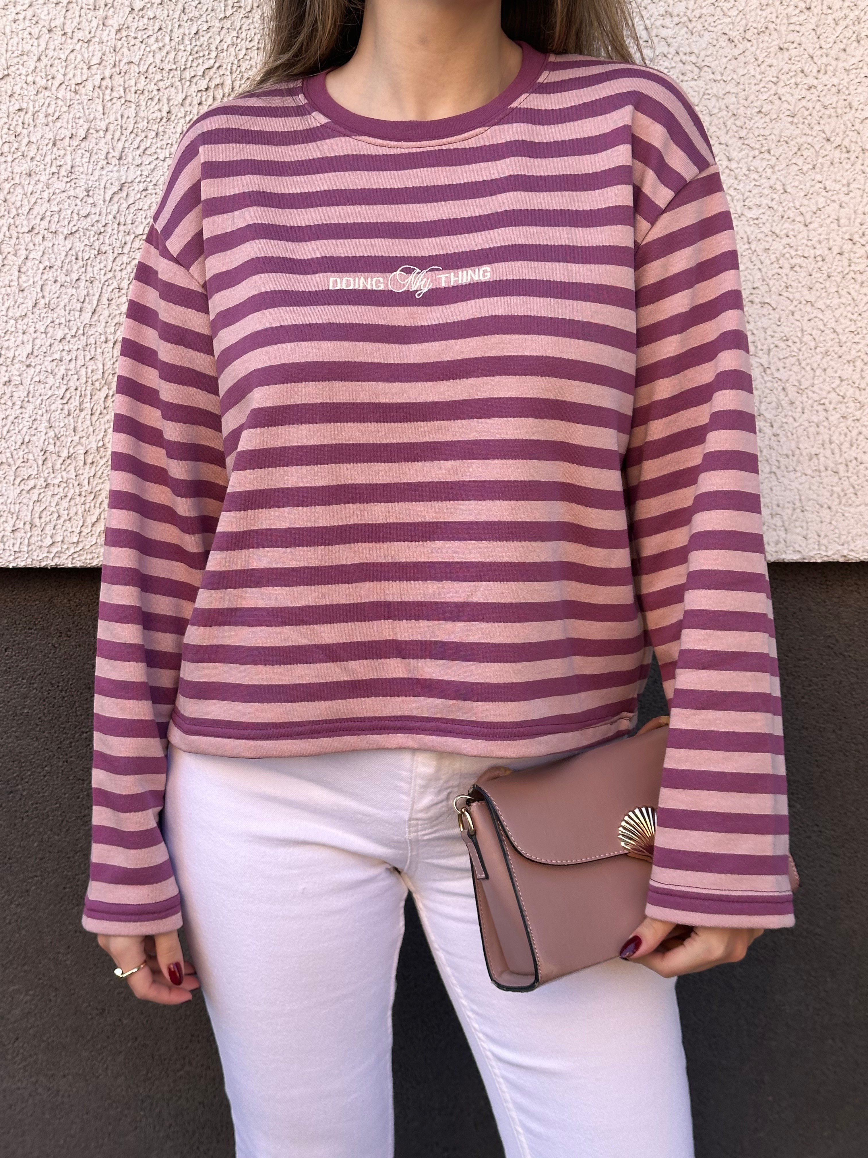 Pudra Pembe İnce Çizgili Yazılı Sweat