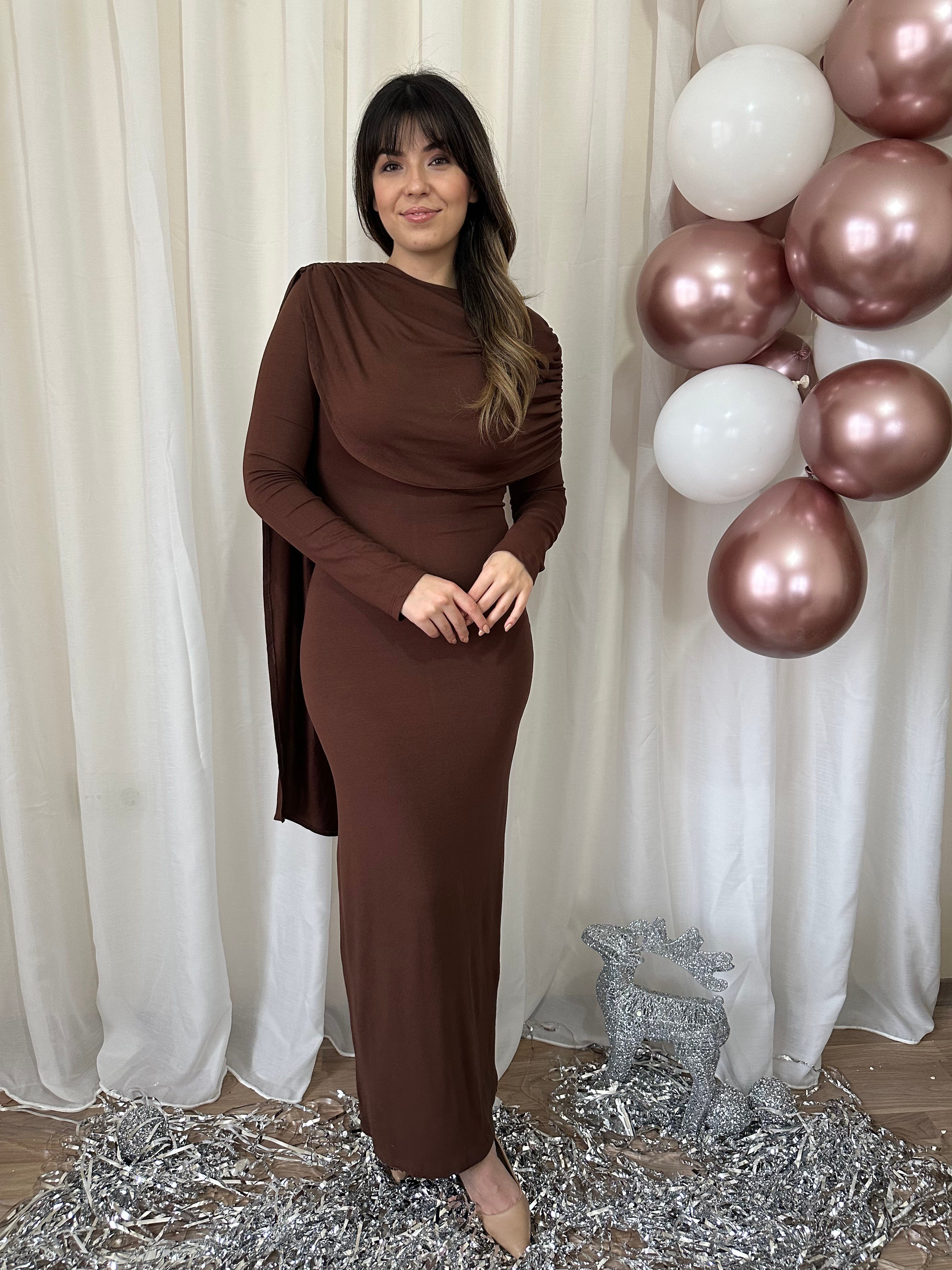Tali Pelerin Detaylı Kahverengi Elbise