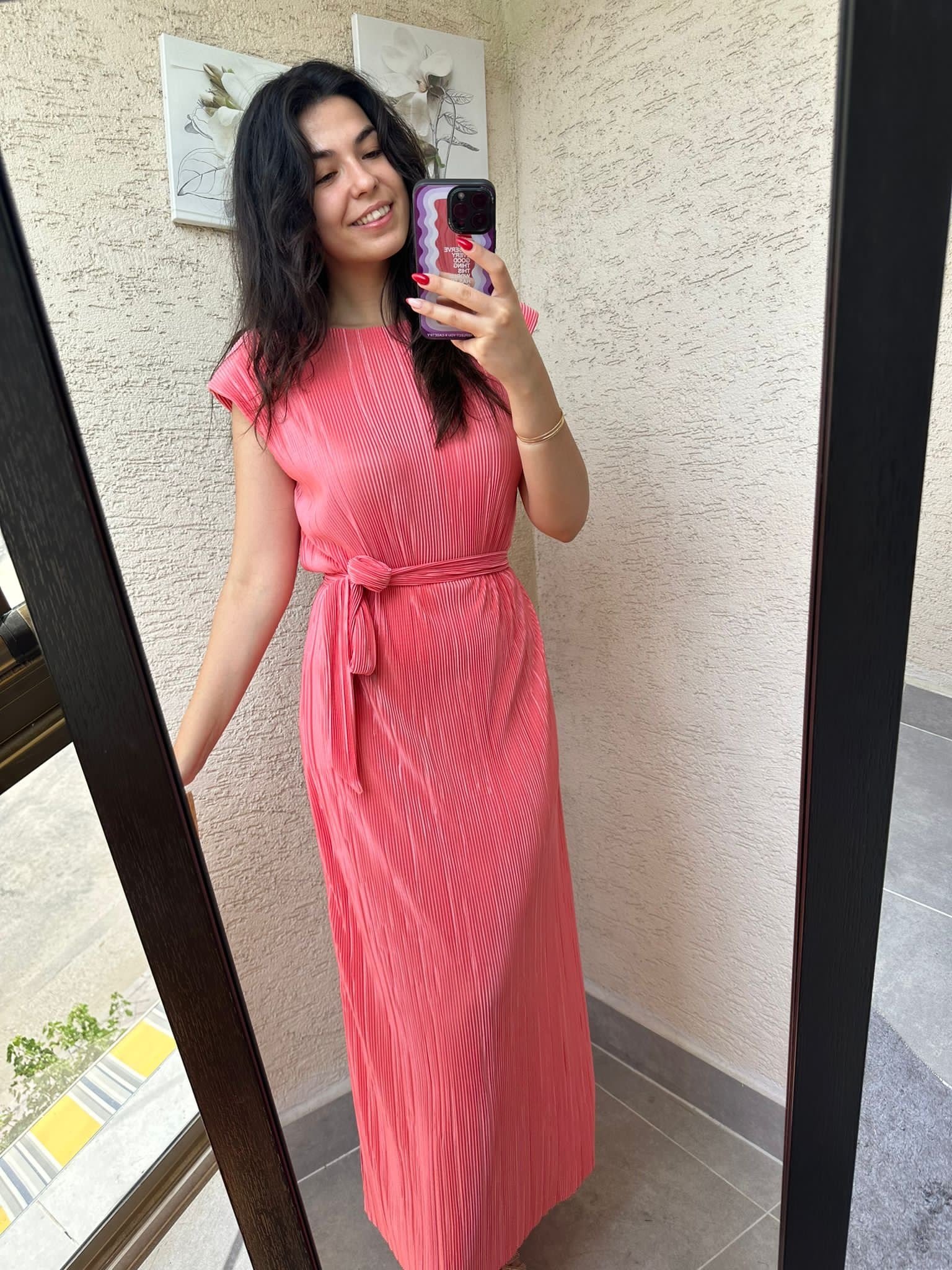 Toz Pembe  Vatkalı Piliseli Elbise