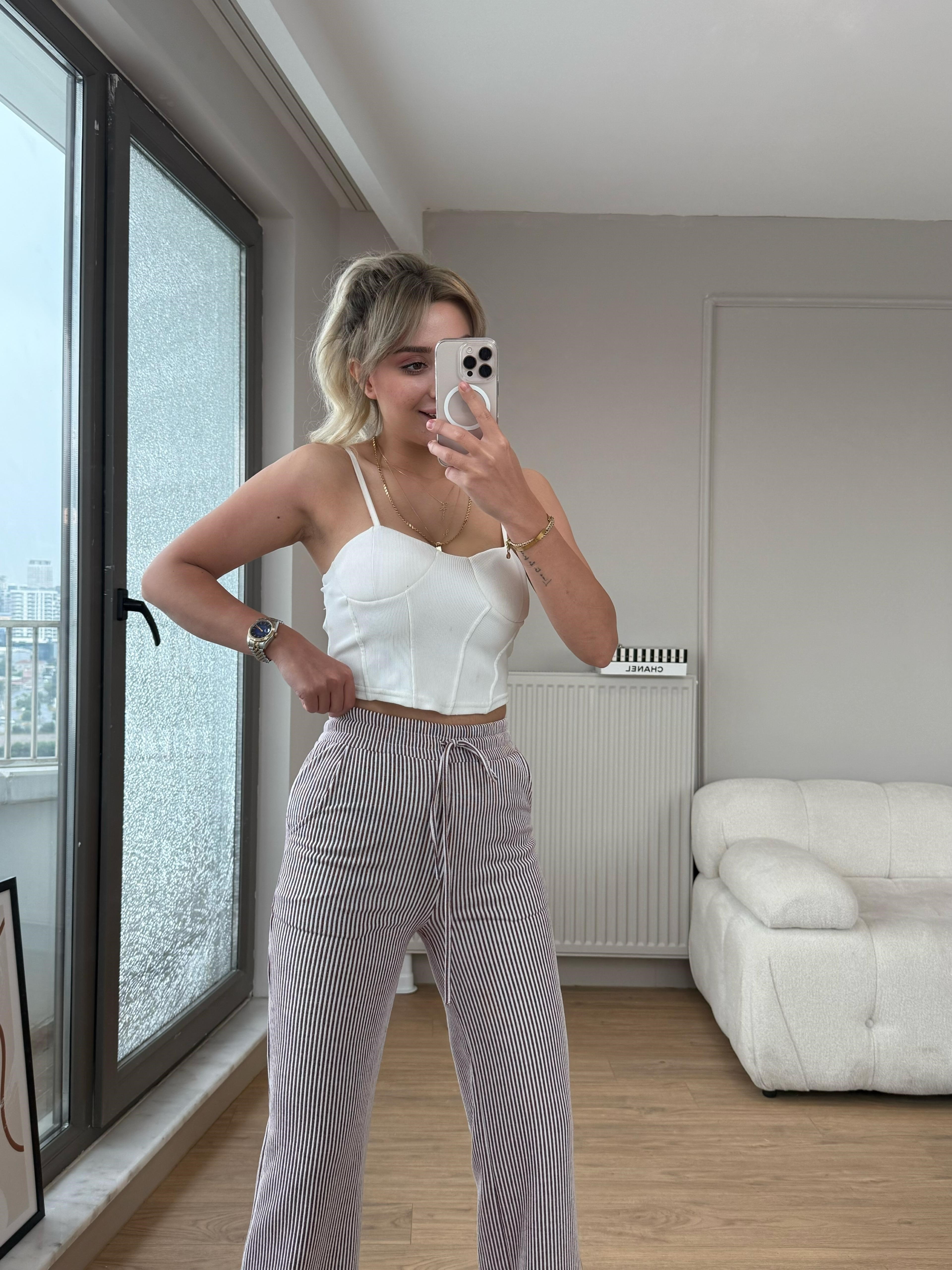Çizgi detay pantolon vizon