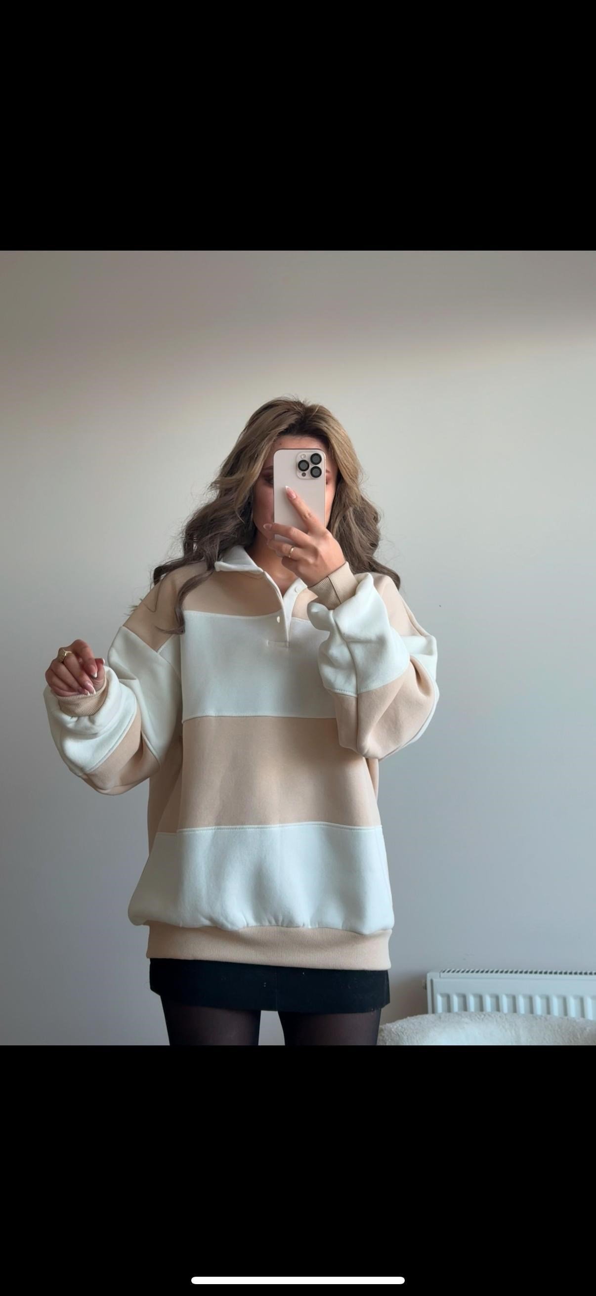 Çizgili sweat bej
