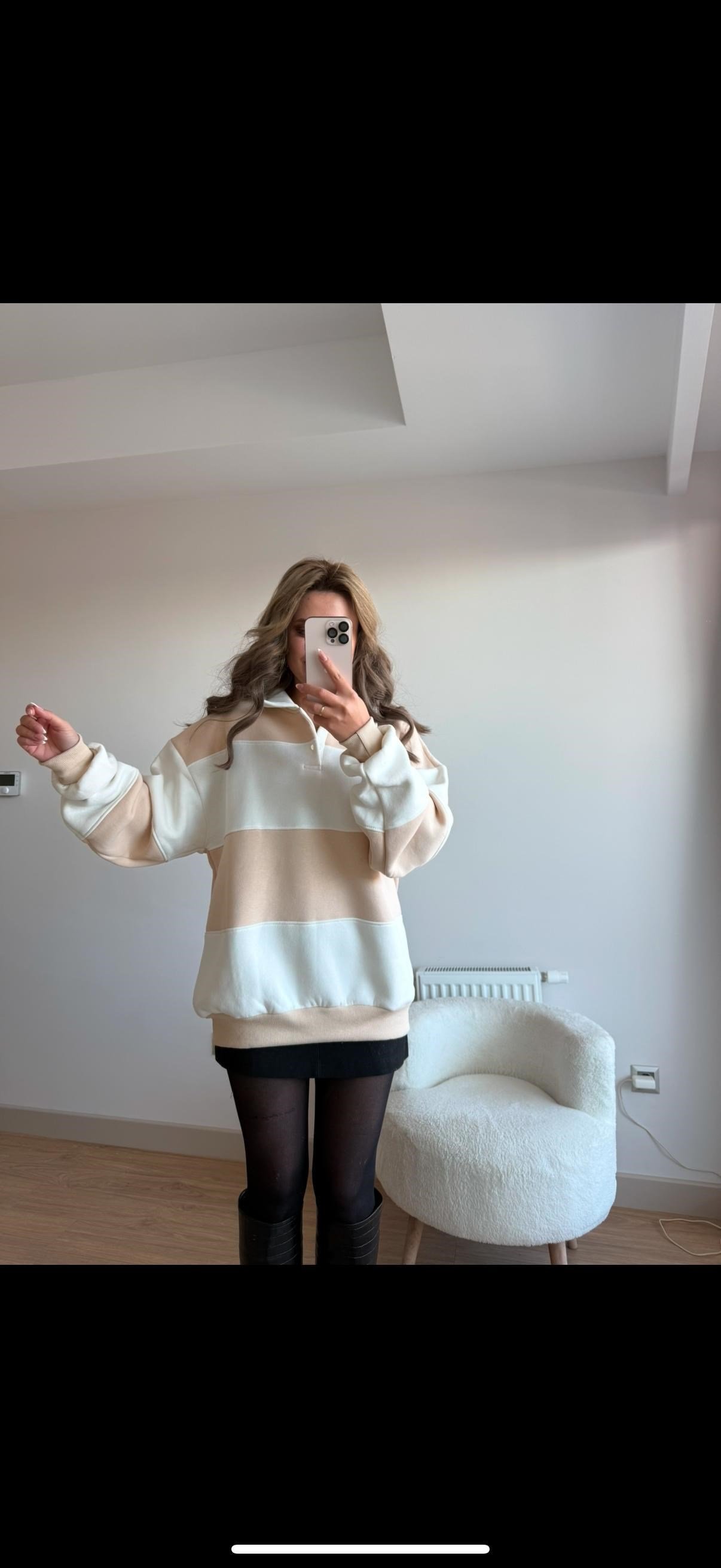 Çizgili sweat bej