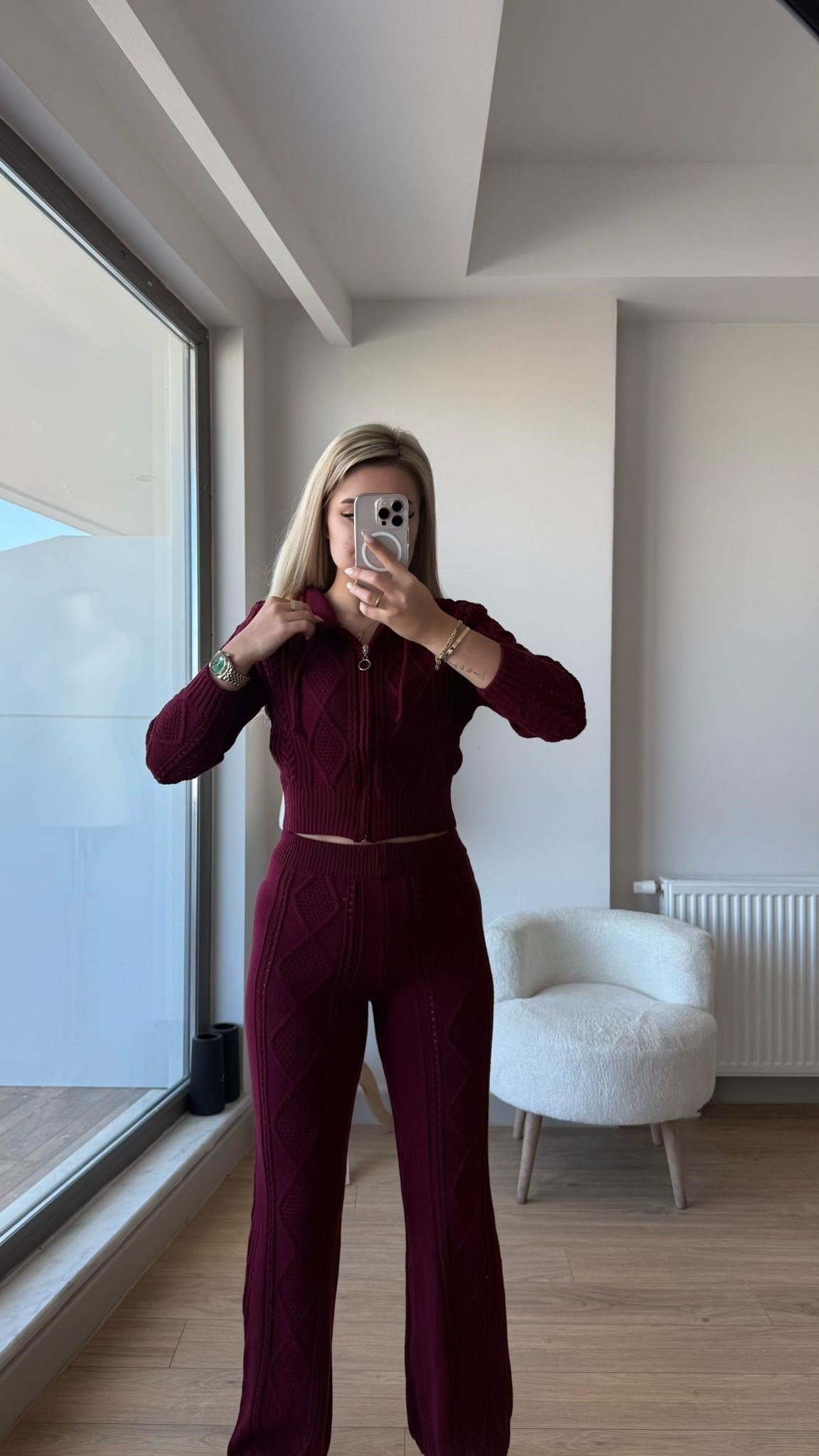 Fitilli triko takım bordo