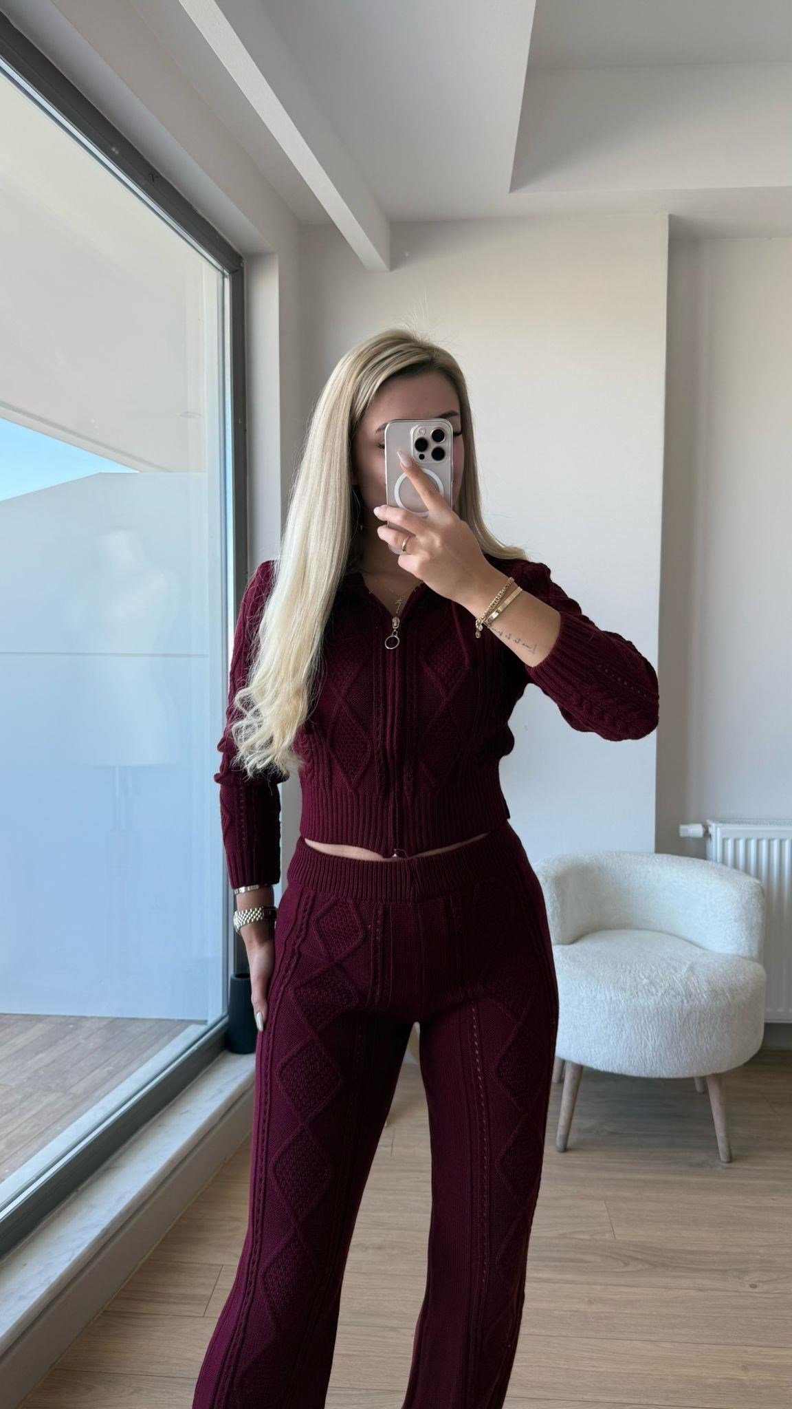 Fitilli triko takım bordo