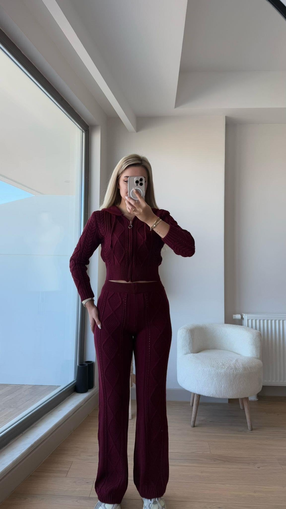 Fitilli triko takım bordo