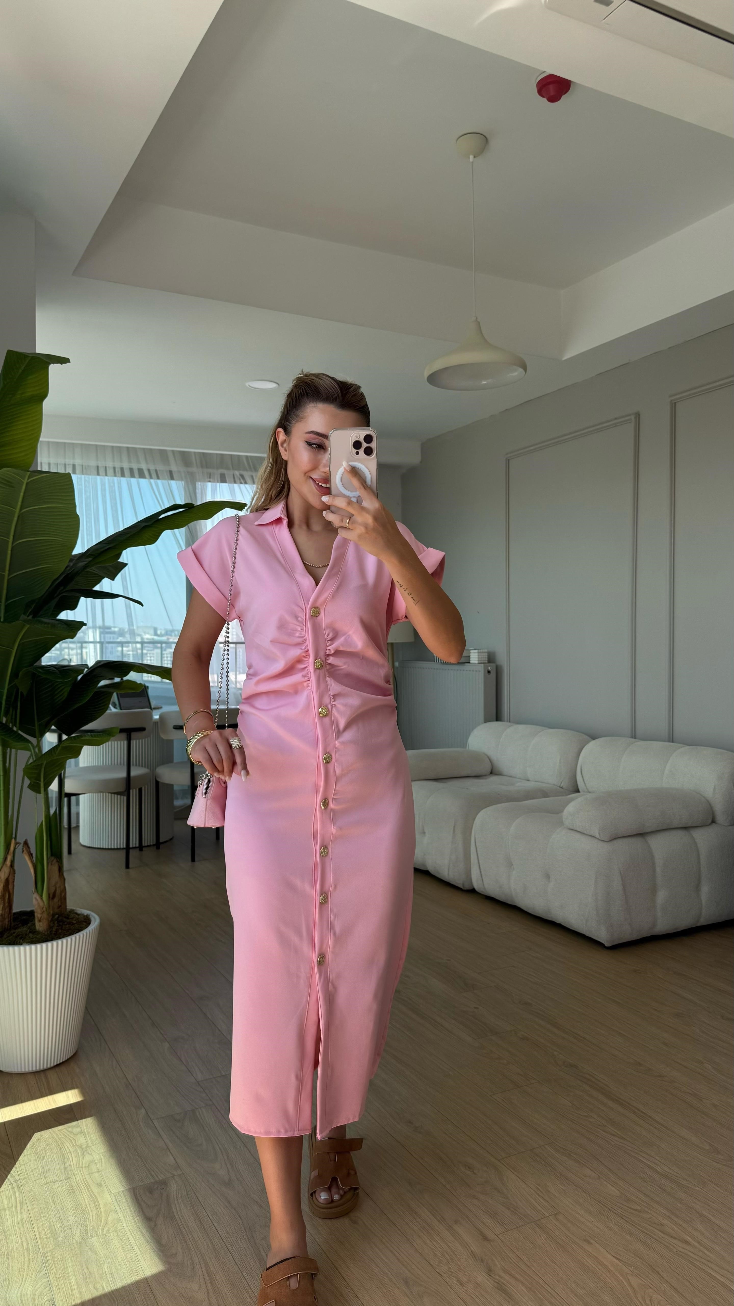 Gold düğme büzgülü elbise pembe
