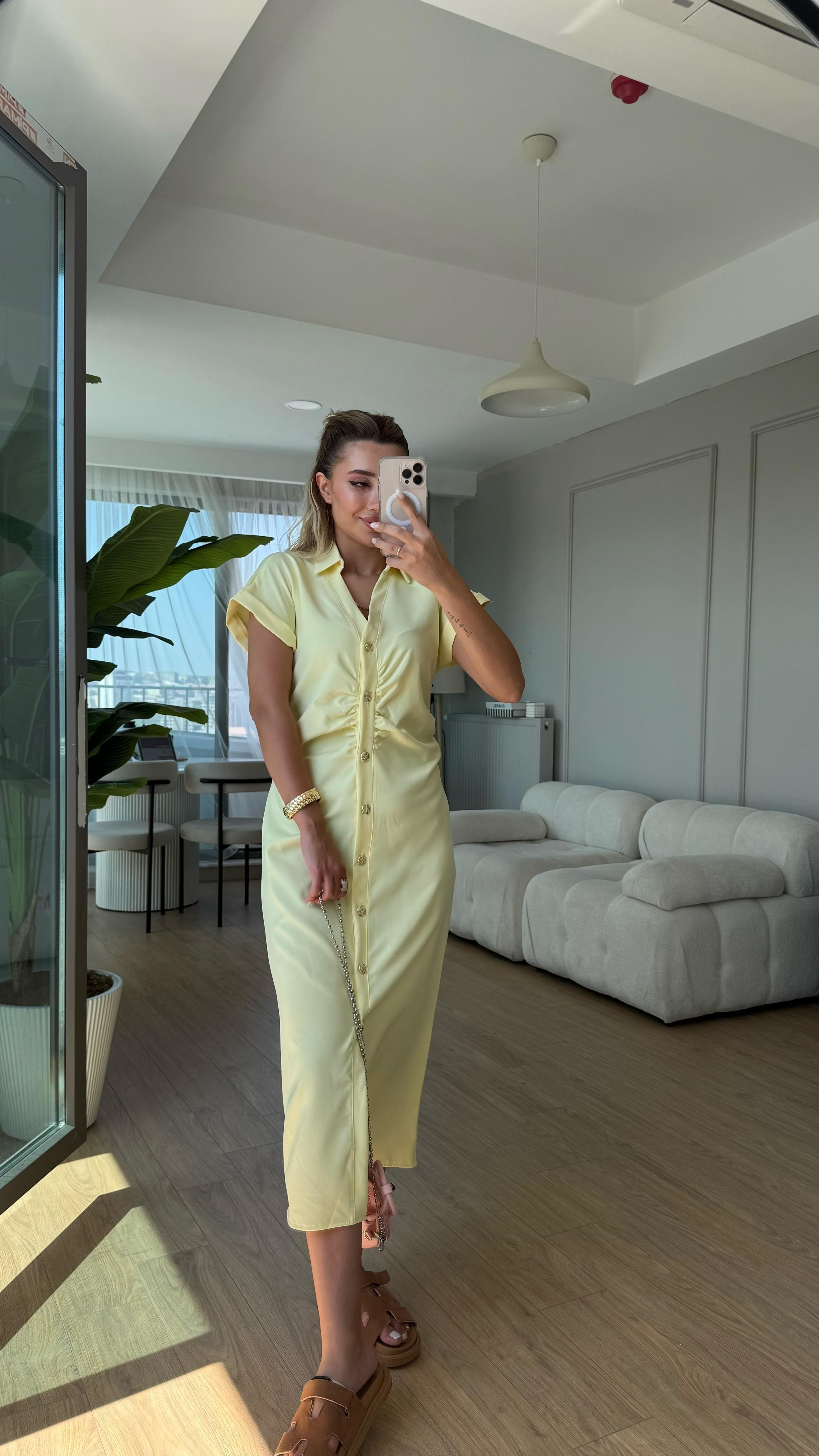 Gold düğme büzgülü elbise sarı
