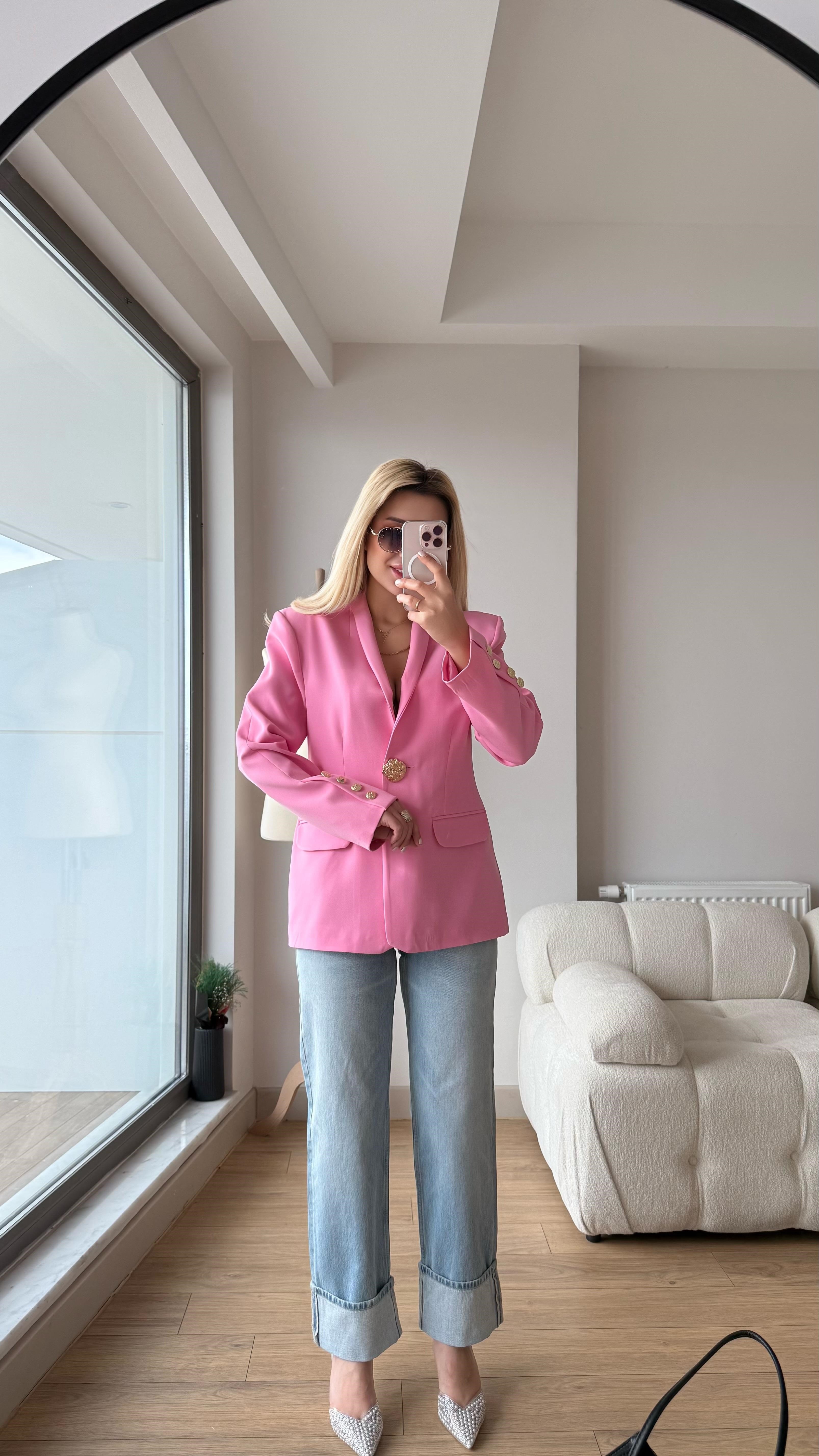 Gold düğme ceket pembe