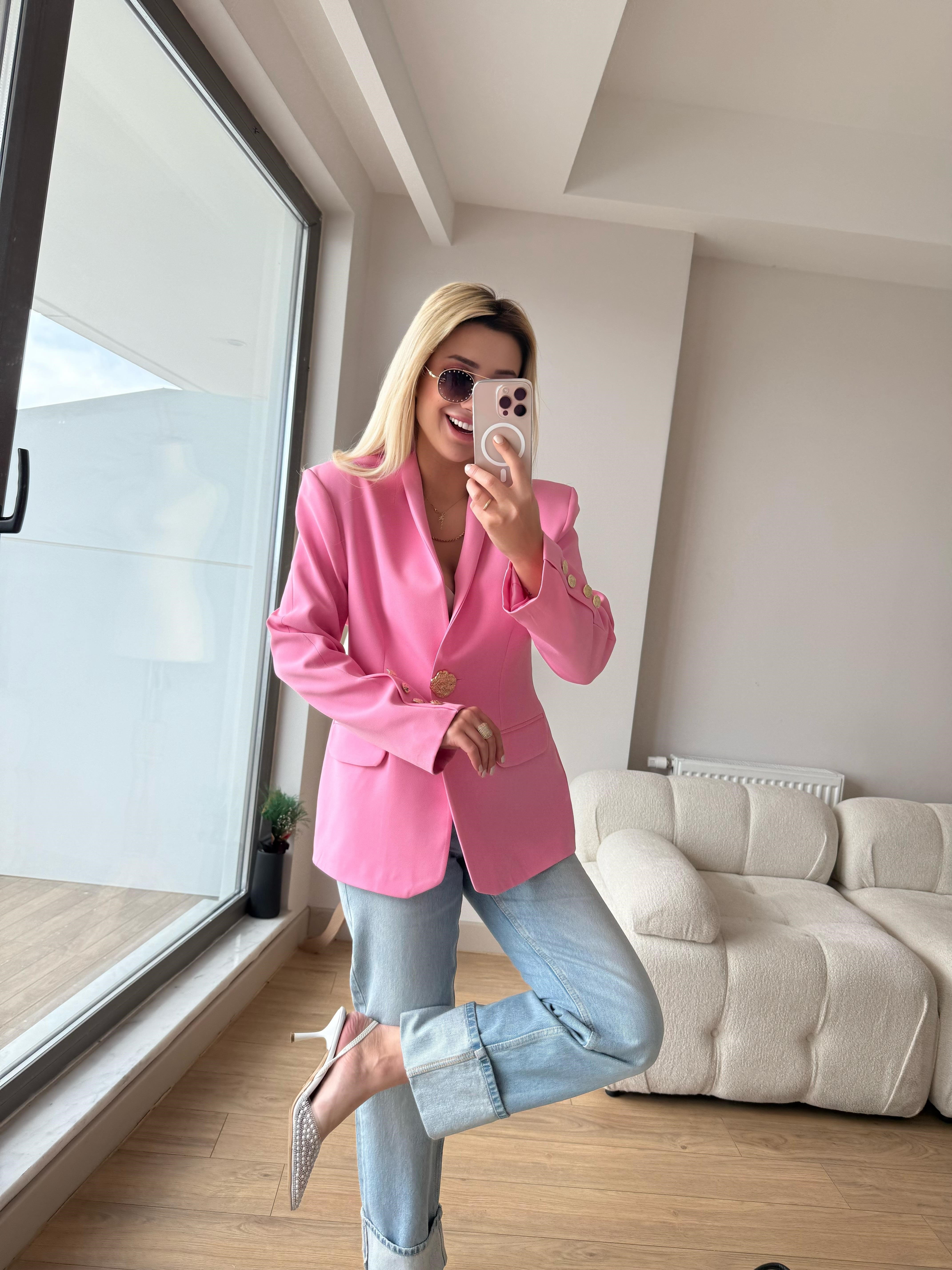 Gold düğme ceket pembe