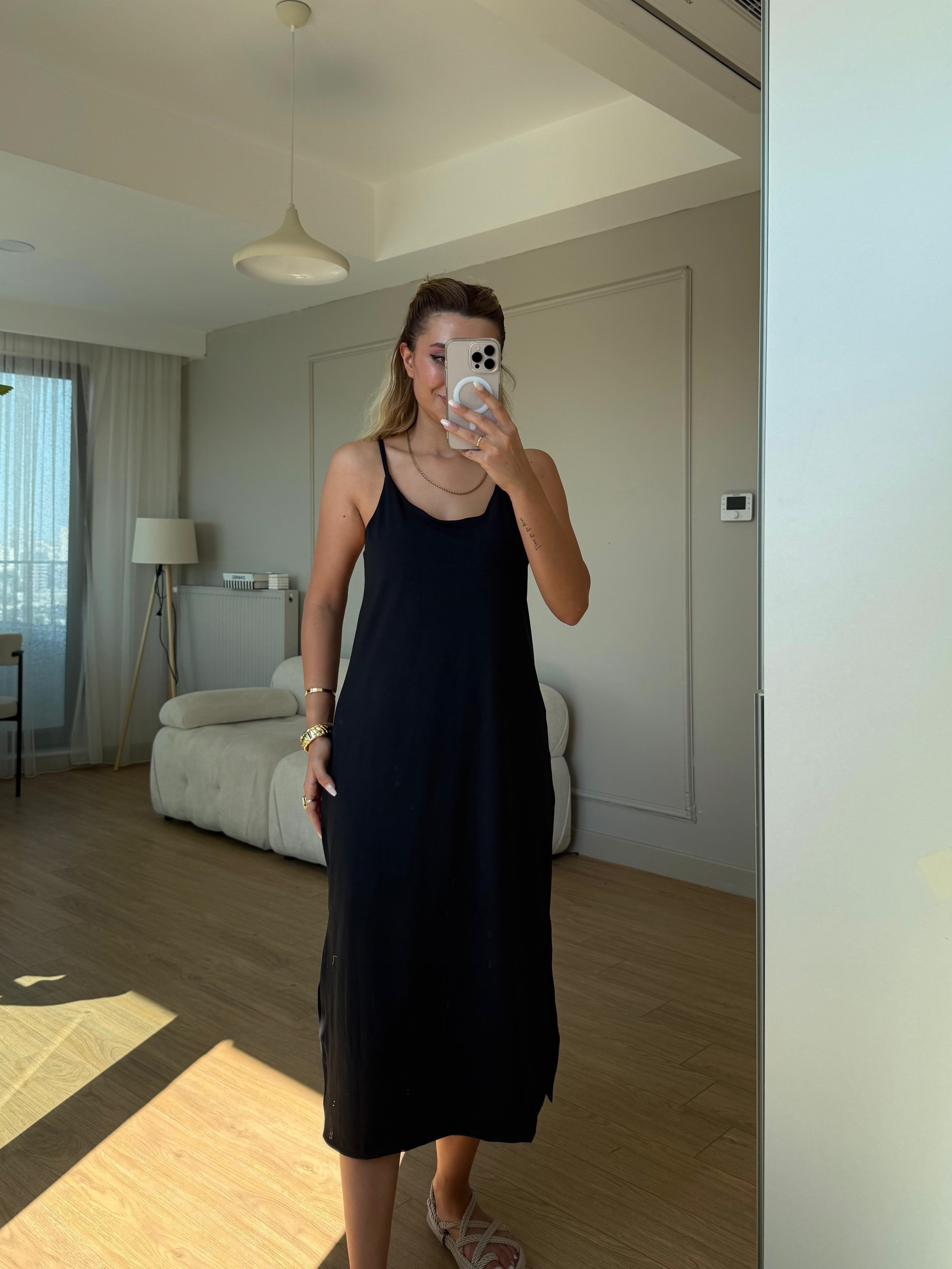 İnce askılı Modal elbise siyah