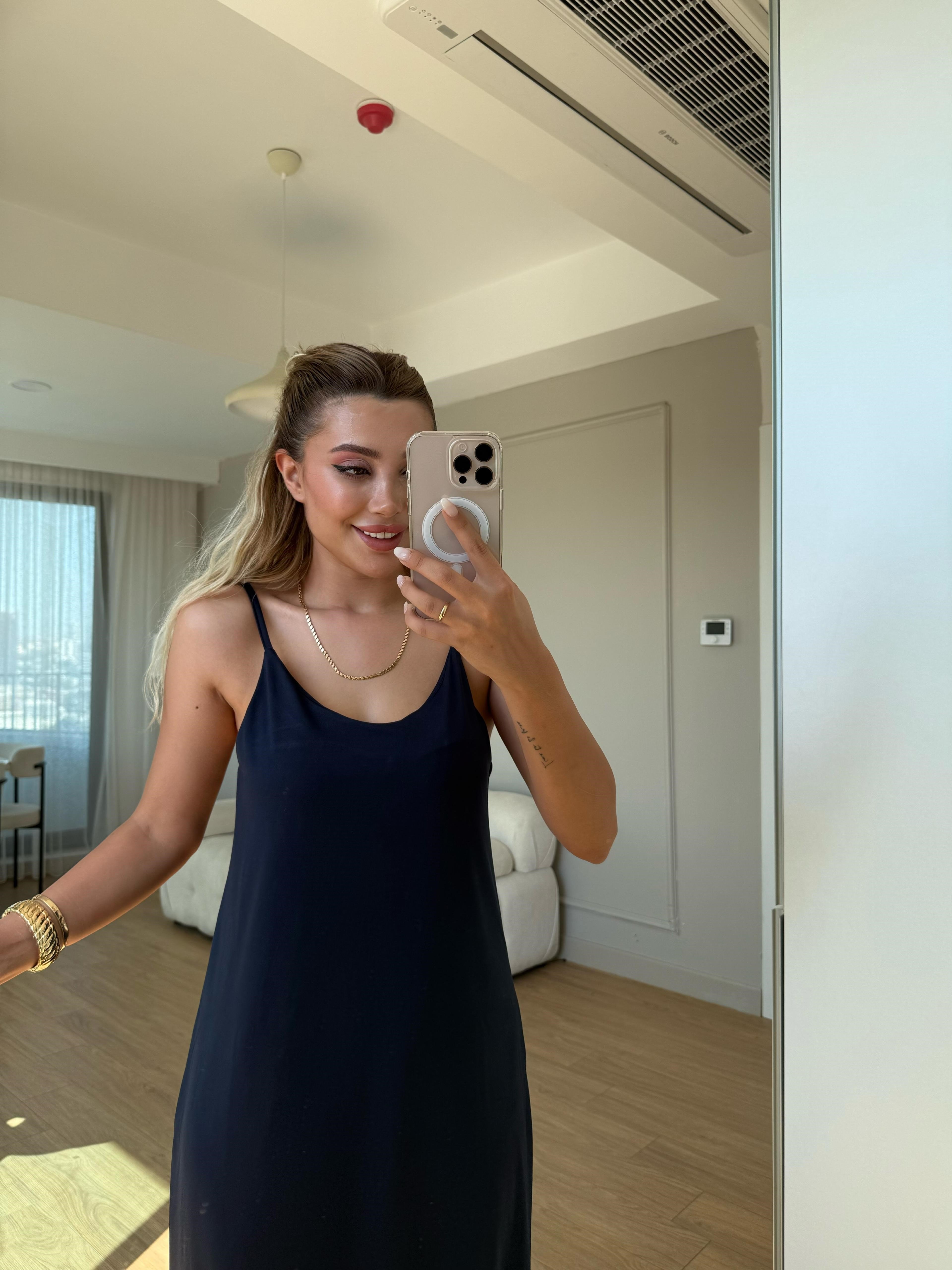 İnce askılı uzun Modal elbise lacivert